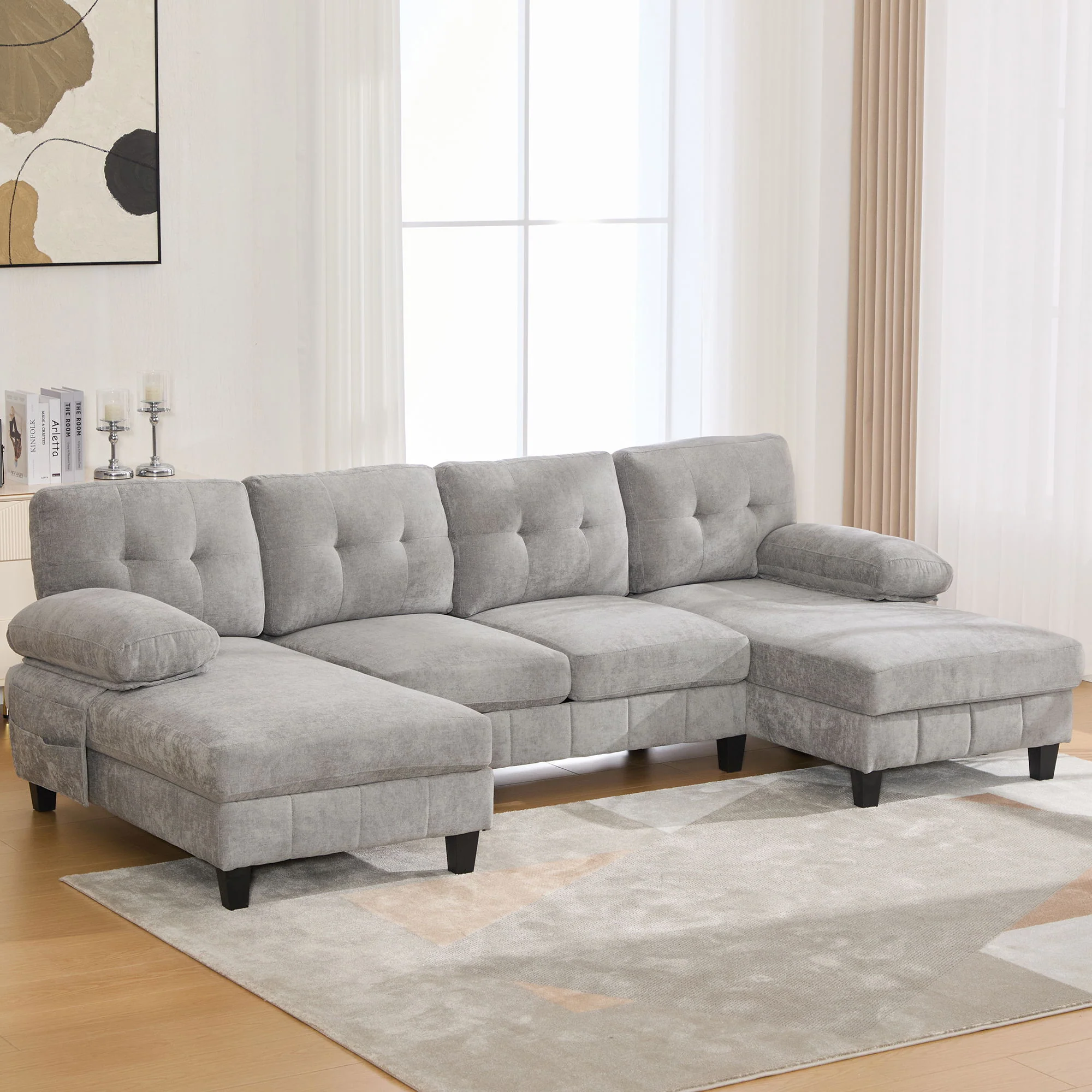 U-Shaped Sectional Sofa 103.5" Fabric Couch With Dual Chaise Lounges, Storage Pockets, Armrest Pillows - Image 23