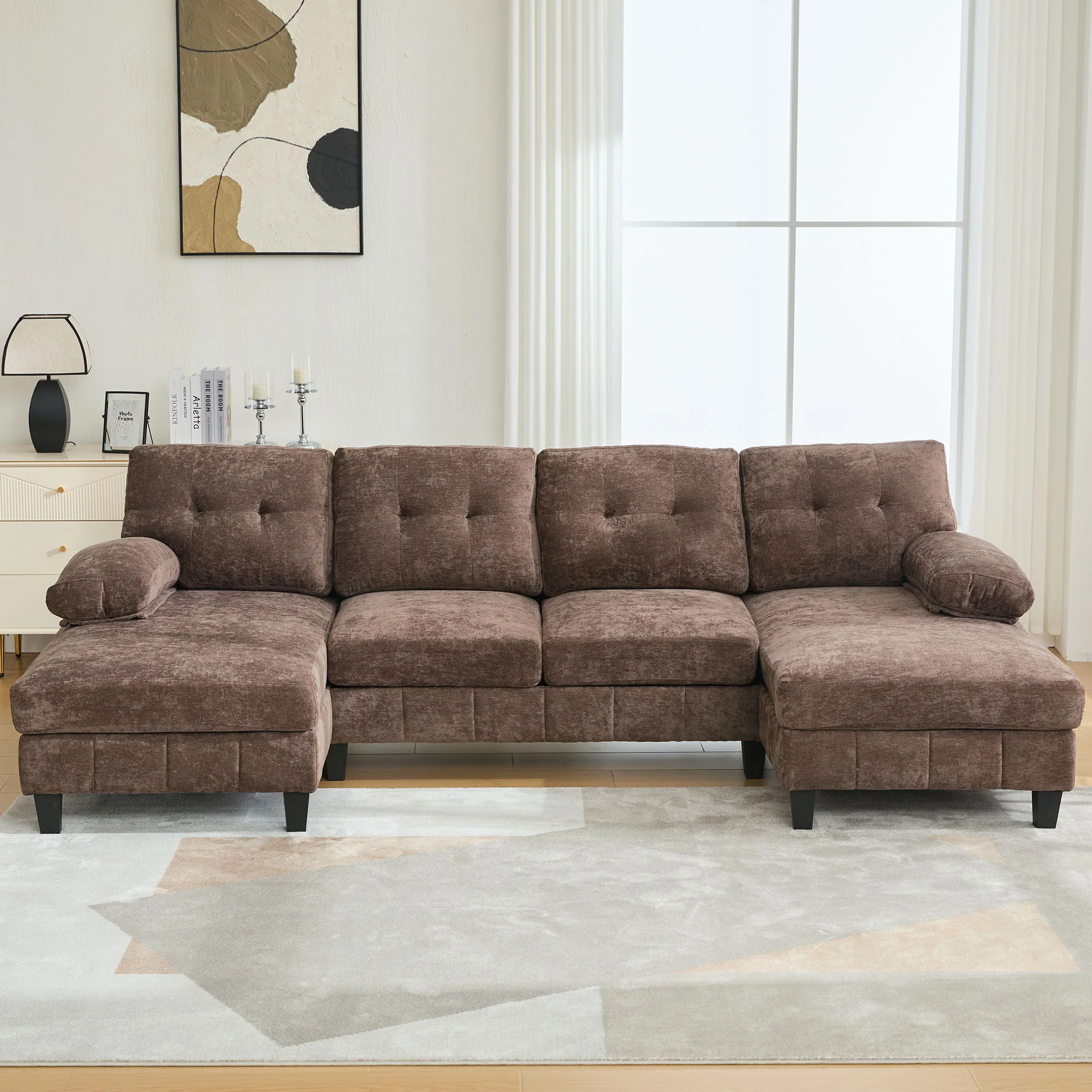 U-Shaped Sectional Sofa 103.5" Fabric Couch With Dual Chaise Lounges, Storage Pockets, Armrest Pillows - Image 31