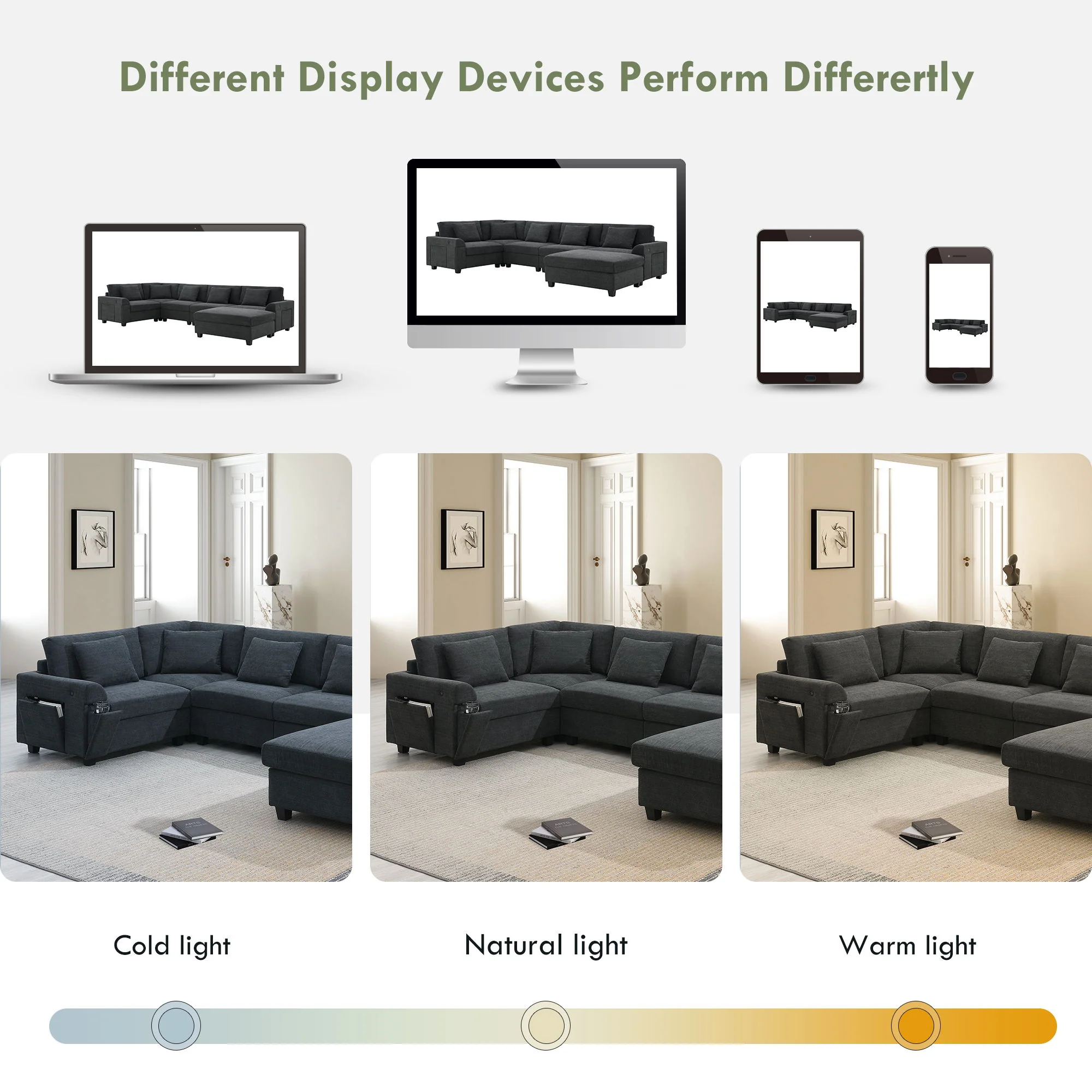U Shaped Sectional Sofa 6 Seat Couch Set With Oversized Ottoman, Hidden Armrest Storage And Cup Holders USB Charging Ports Wide Seat Sofa - Image 4