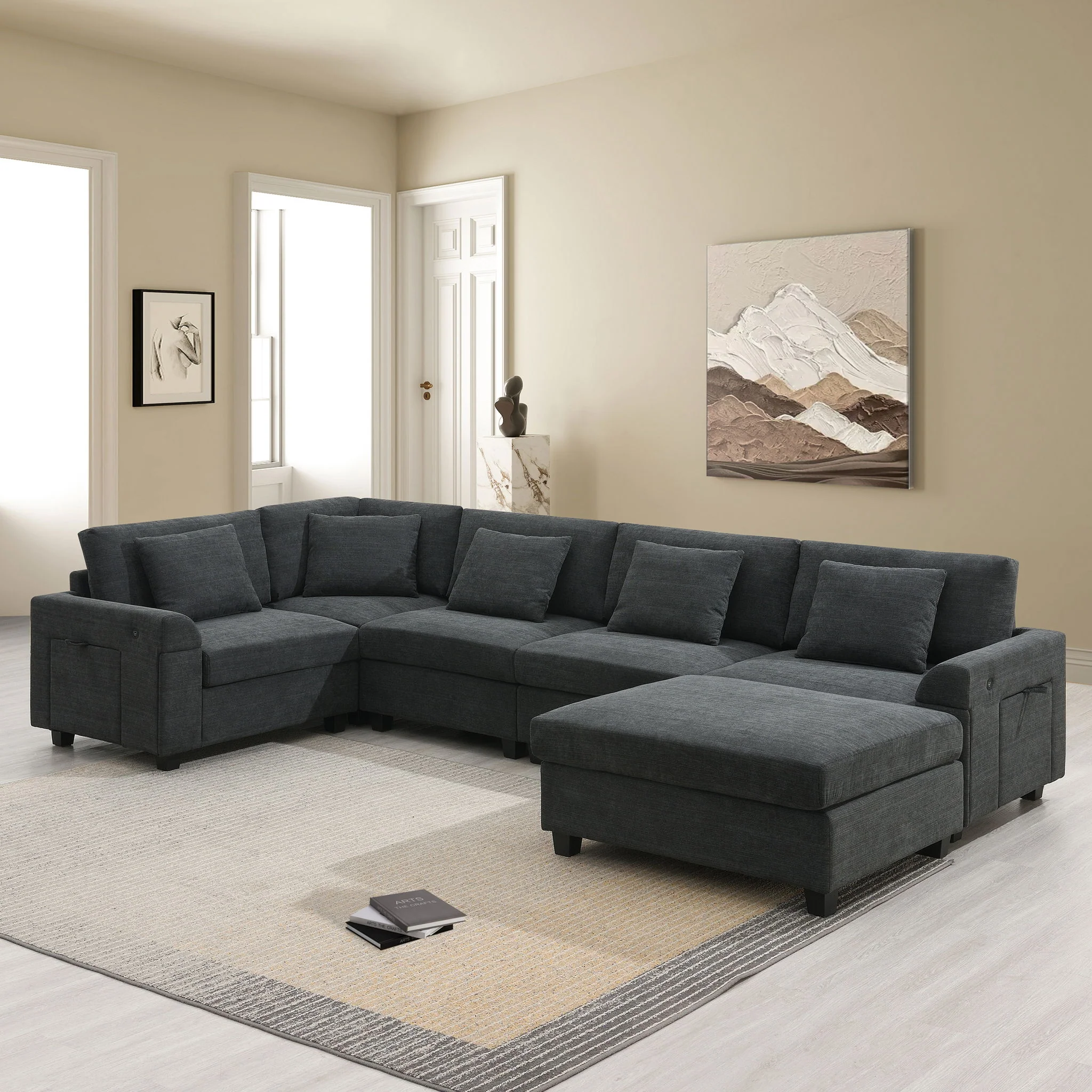 U Shaped Sectional Sofa 6 Seat Couch Set With Oversized Ottoman, Hidden Armrest Storage And Cup Holders USB Charging Ports Wide Seat Sofa - Image 6