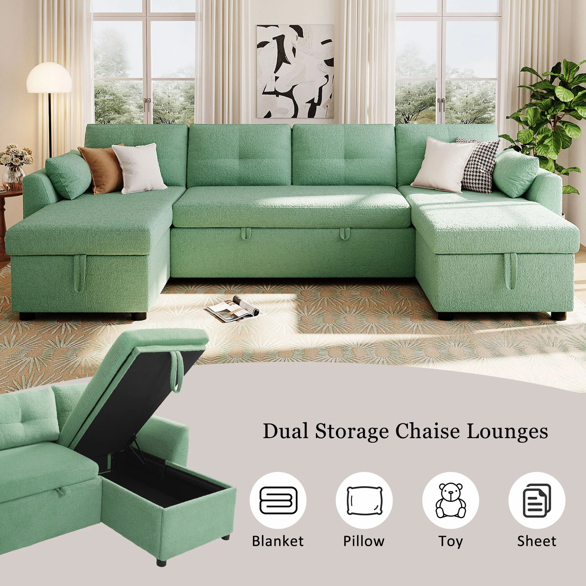U-Shaped Sectional Sofa Bed With Storage And USB Ports - Image 16