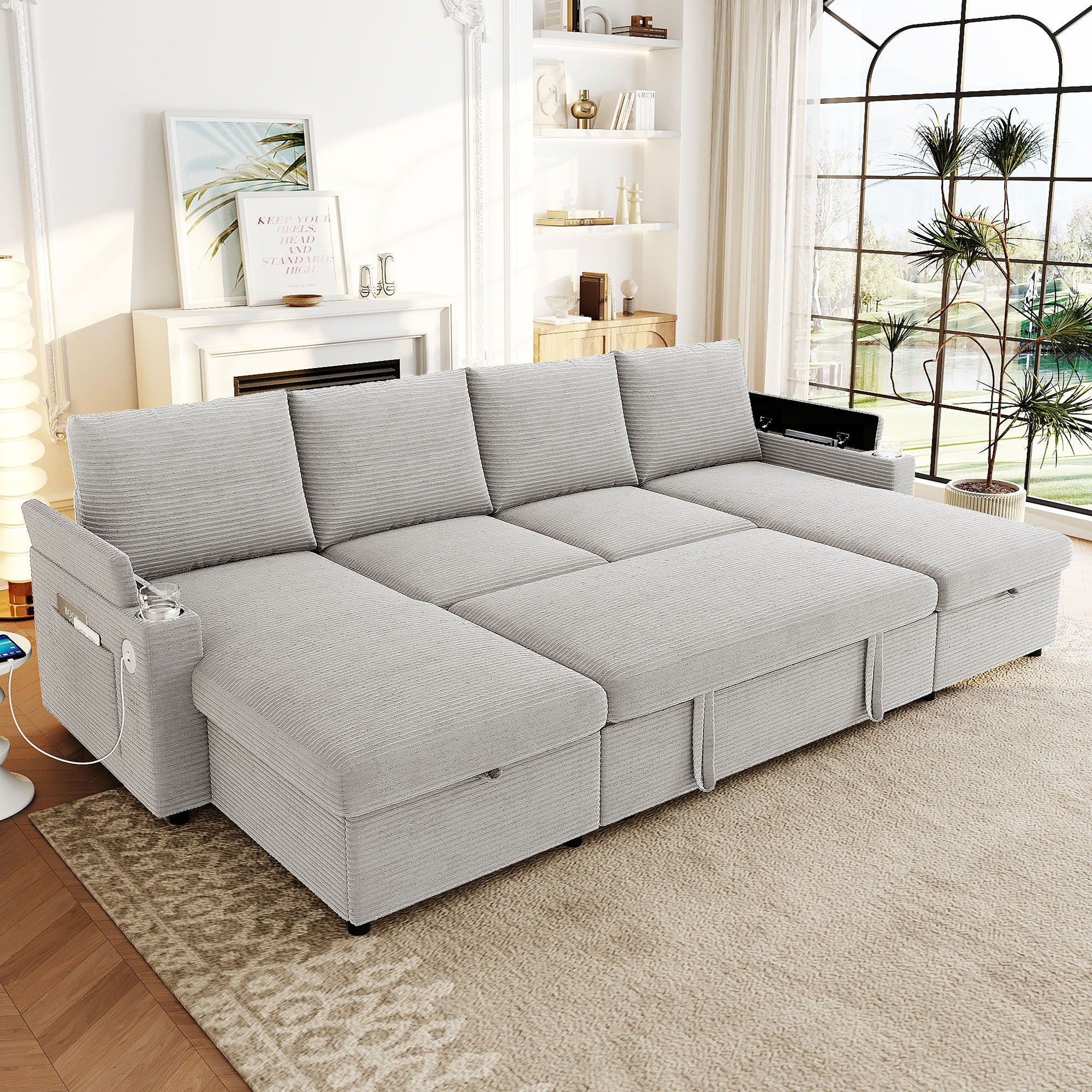 U Shaped Sectional Sofa Bed With Storage Chaise Lounges, USB Ports, And Cup Holders - Image 21
