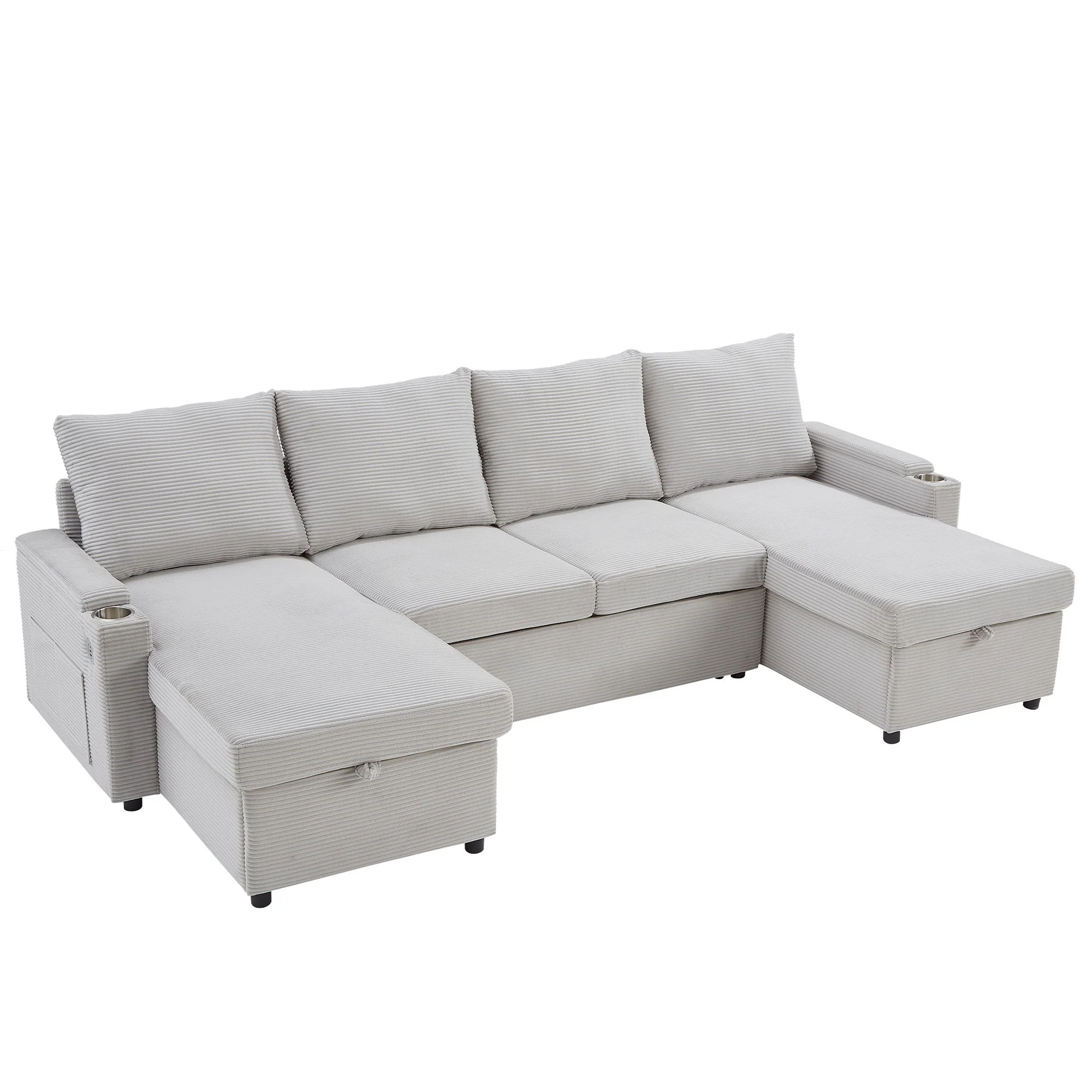 U Shaped Sectional Sofa Bed With Storage Chaise Lounges, USB Ports, And Cup Holders - Image 8