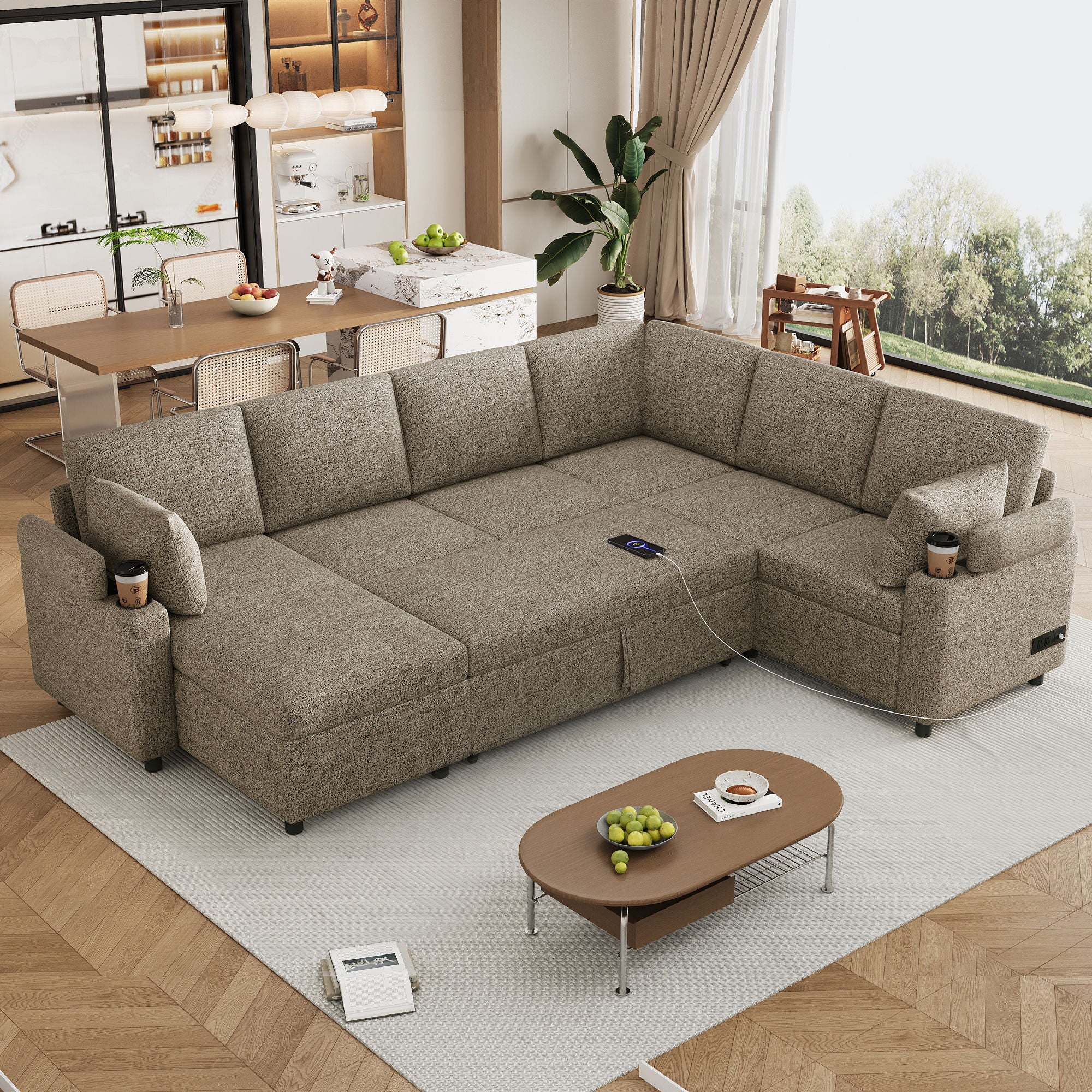 U-Shaped Sectional Sofa Bed With Storage, Charging Ports, And Cup Holders - Brown - Image 3