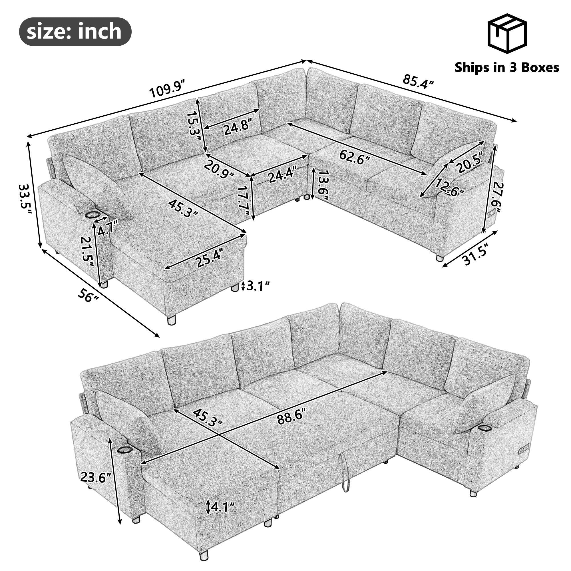 U-Shaped Sectional Sofa Bed With Storage, Charging Ports, And Cup Holders - Brown - Image 6