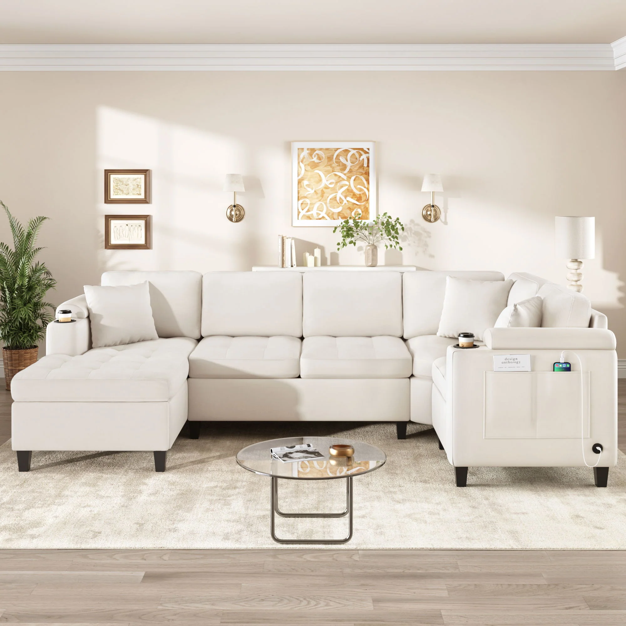 U Shaped Sectional Sofa, Corner Living Room Couch With Built In Cup Holders, Storage, USB Ports - Image 24