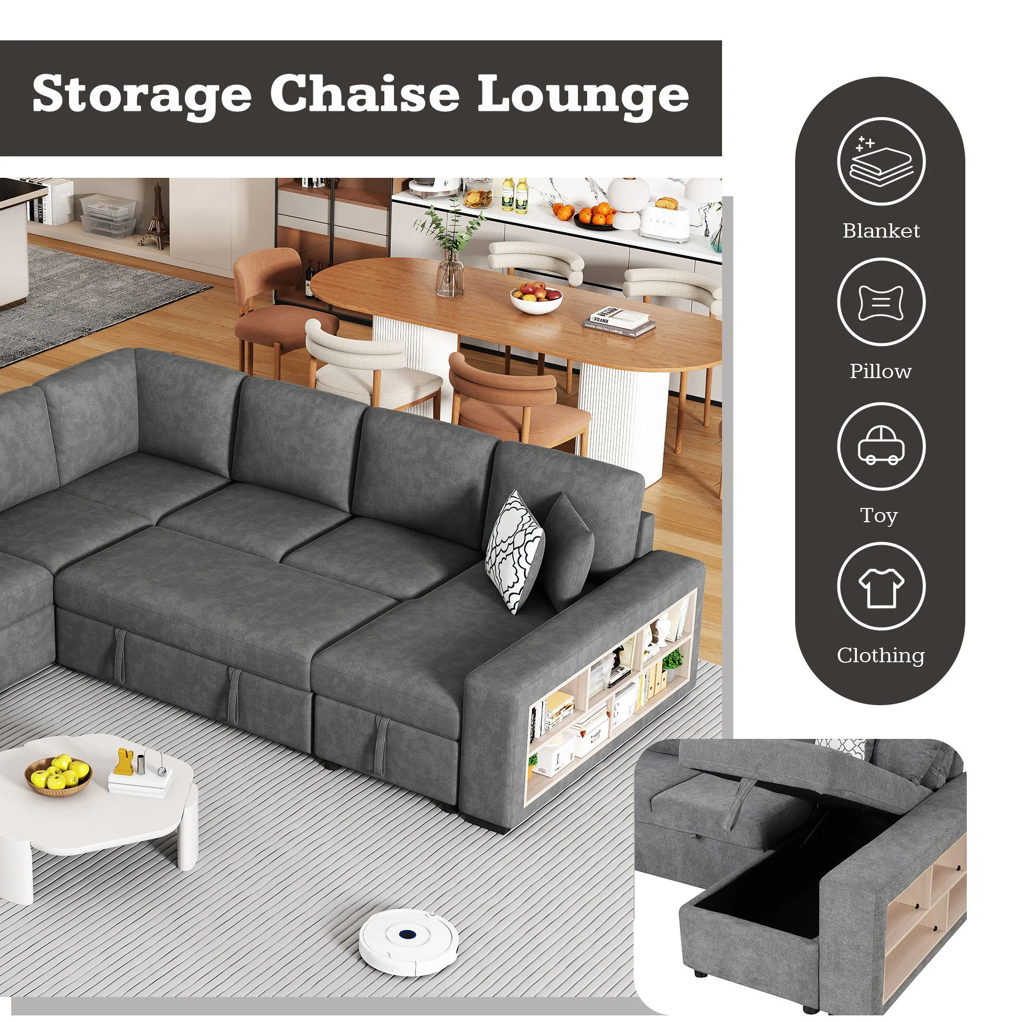 U-Shaped Sectional Sofa Pull-Out Sofa Bed With Two USB Ports, A Storage Chaise Lounge And Four Back Pillows For Living Room - Image 5