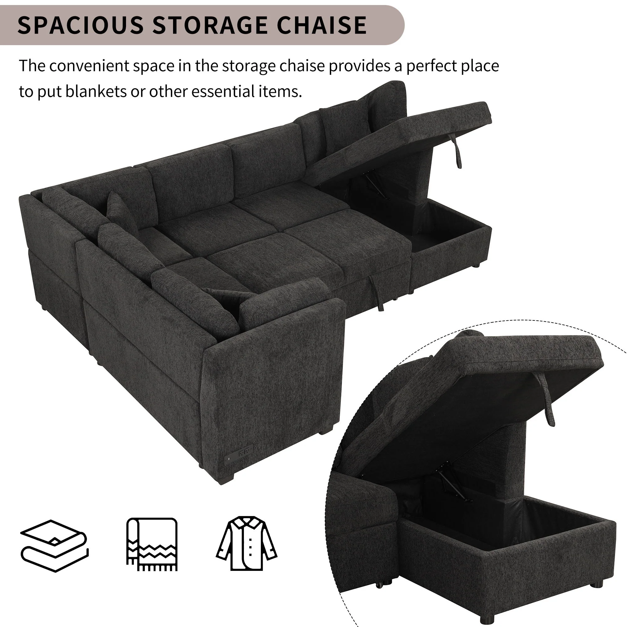 U-Shaped Sectional Sofa Pull Out Sofa Bed With Two USB Ports, Two Power Sockets, Three Back Pillows And A Storage Chaise For Living Room - Image 15