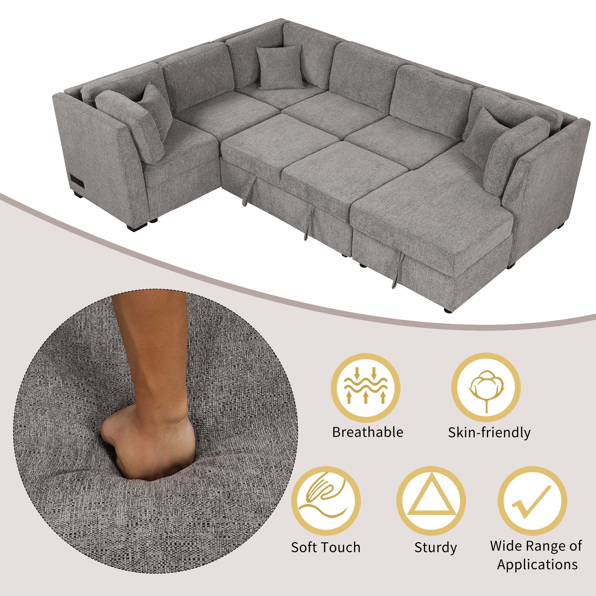 U-Shaped Sectional Sofa Pull Out Sofa Bed With Two USB Ports, Two Power Sockets, Three Back Pillows And A Storage Chaise For Living Room - Image 25