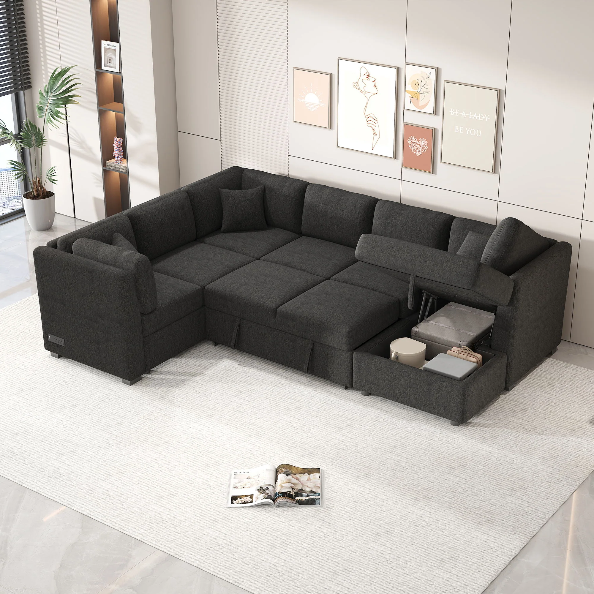 U-Shaped Sectional Sofa Pull Out Sofa Bed With Two USB Ports, Two Power Sockets, Three Back Pillows And A Storage Chaise For Living Room - Image 9