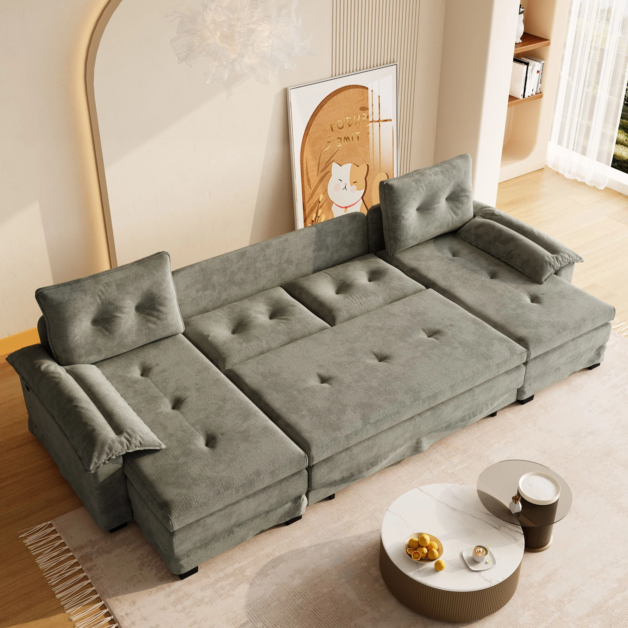 U-Shaped Sleeper Sofa With Pull Out Bed, Removable Armrests & USB Ports For Living Room - Image 8