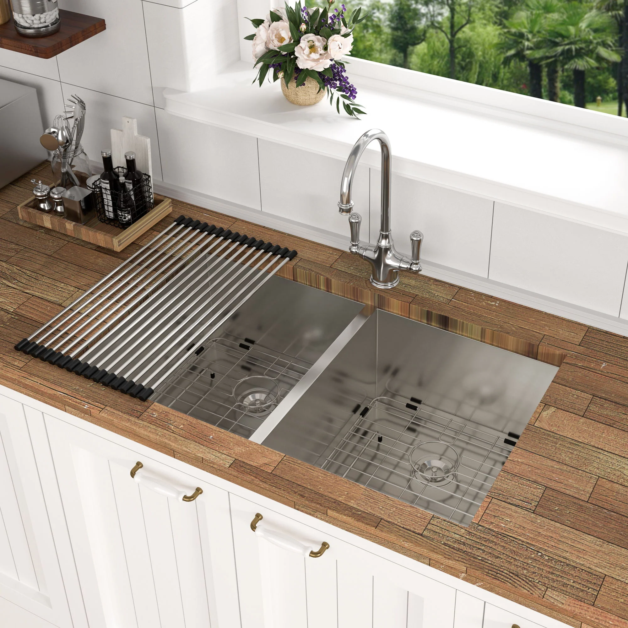 Undermount Double Bowl Kitchen Sink 16 Gauge With 9" Deep Basin - Brushed Nickel - Image 3