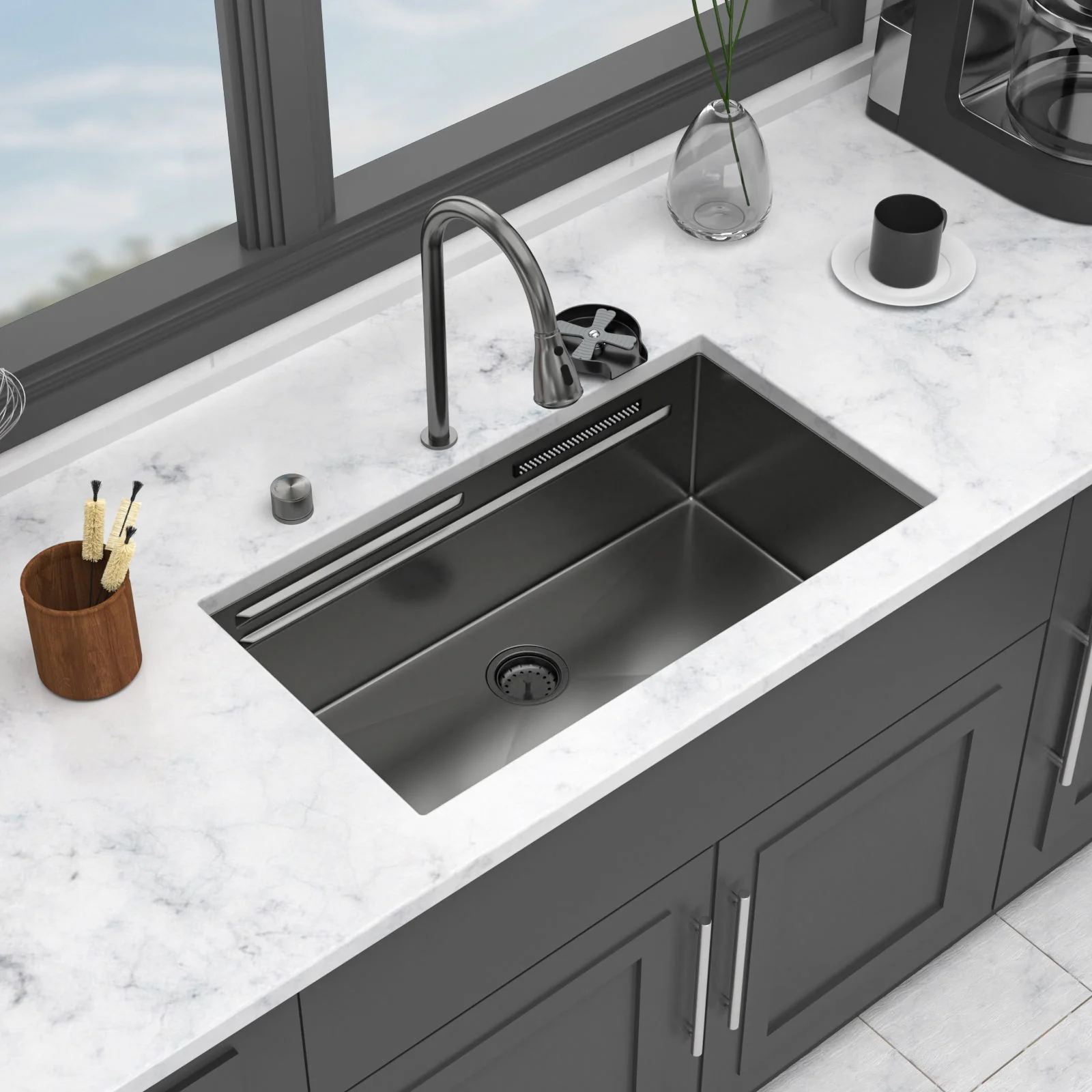Undermount Stainless Steel Kitchen Sink With Pull Down Faucet & Ledge Workstation - Image 8