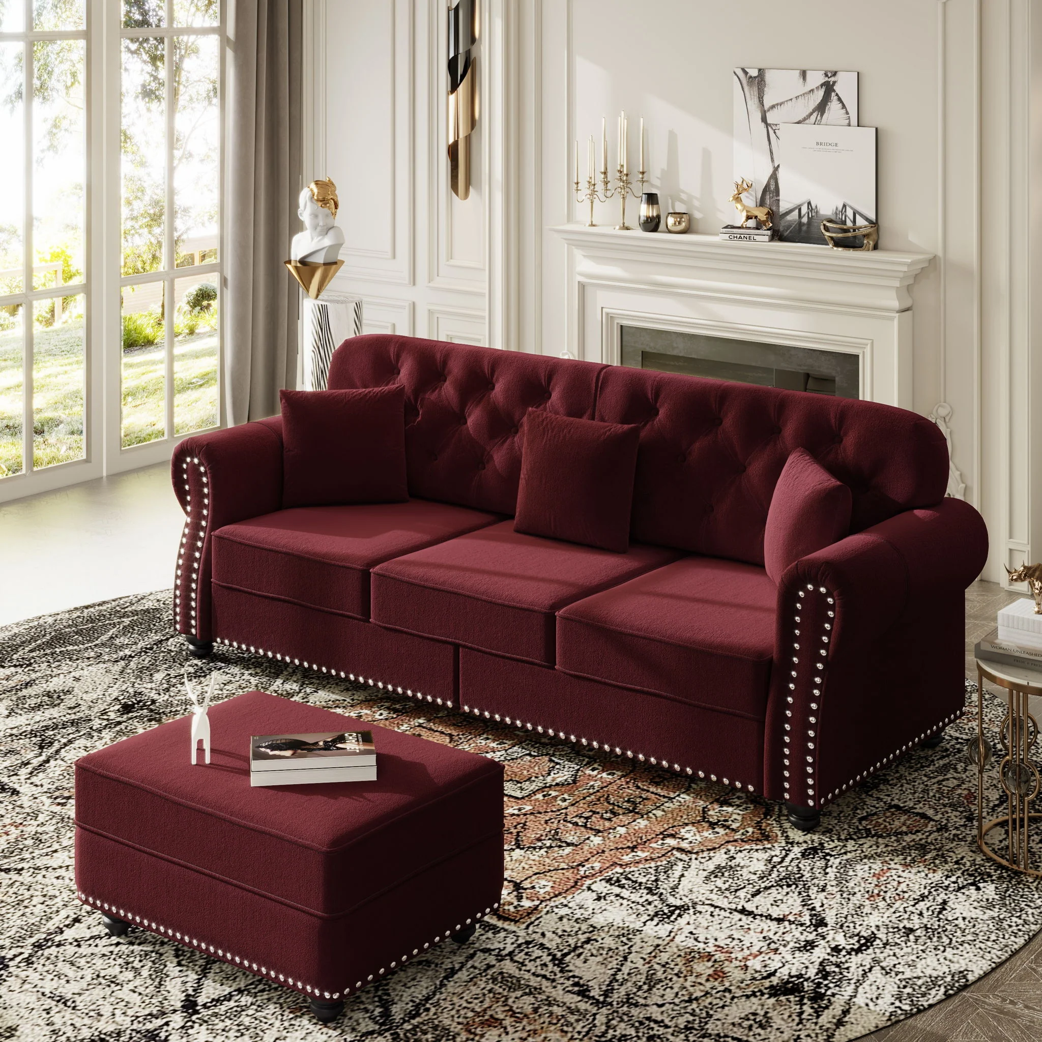 Upholstered 3 Seater Sofa Set With Ottoman - Image 10