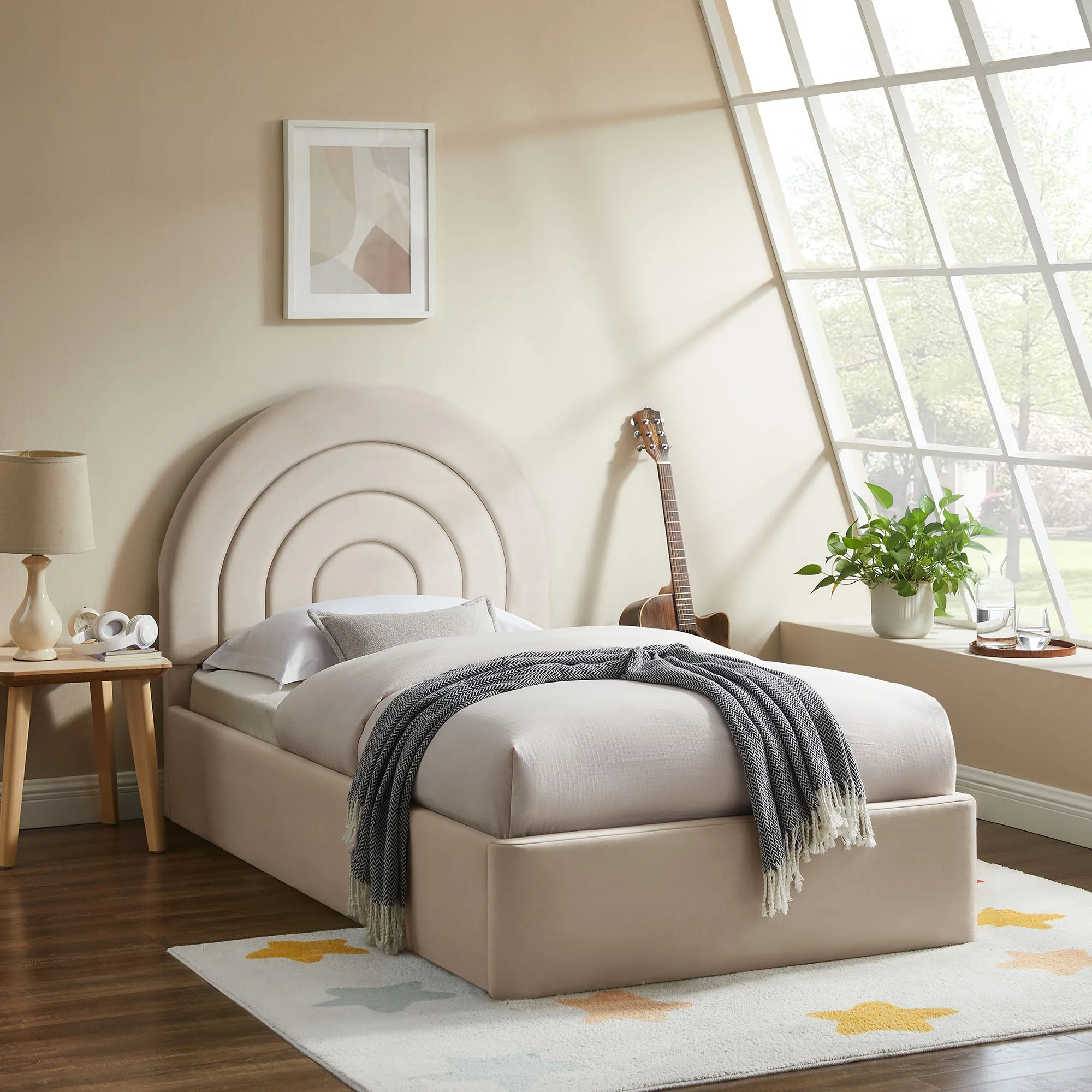 Upholstered Arched Platform Bed with Layered Headboard - Image 10