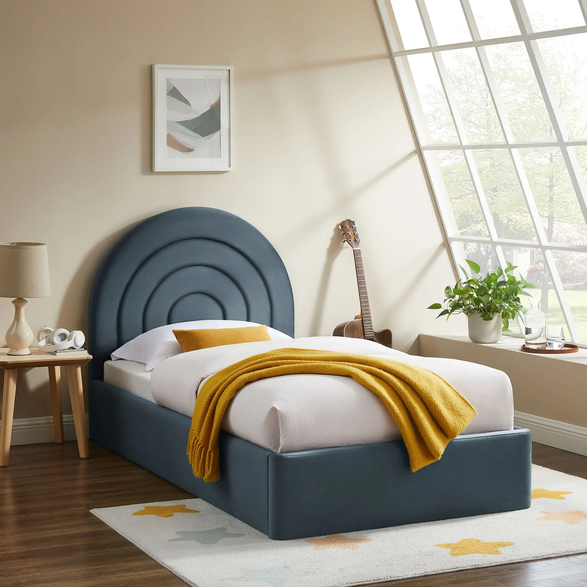 Upholstered Arched Platform Bed with Layered Headboard - Image 15