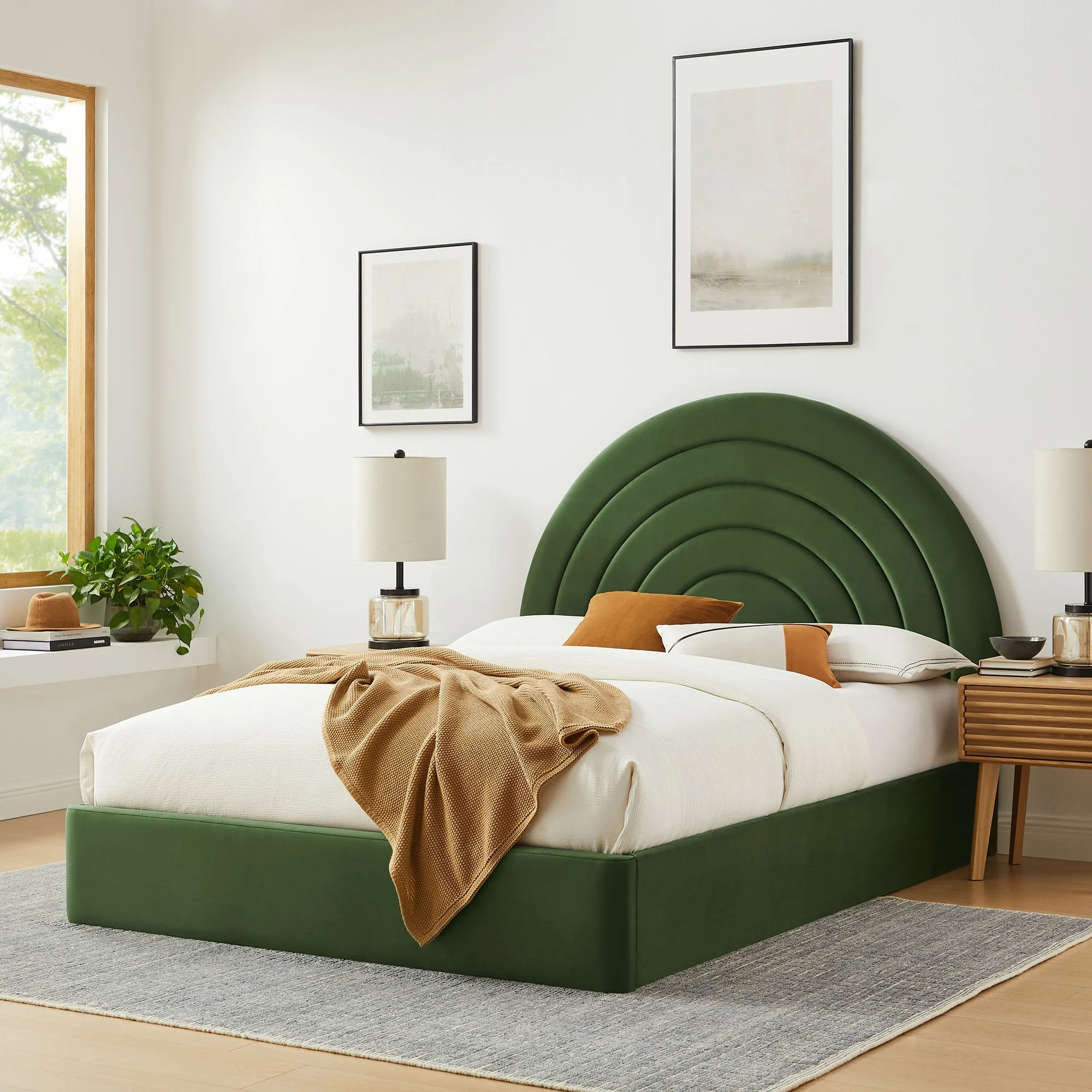 Upholstered Arched Platform Bed with Layered Headboard - Image 55