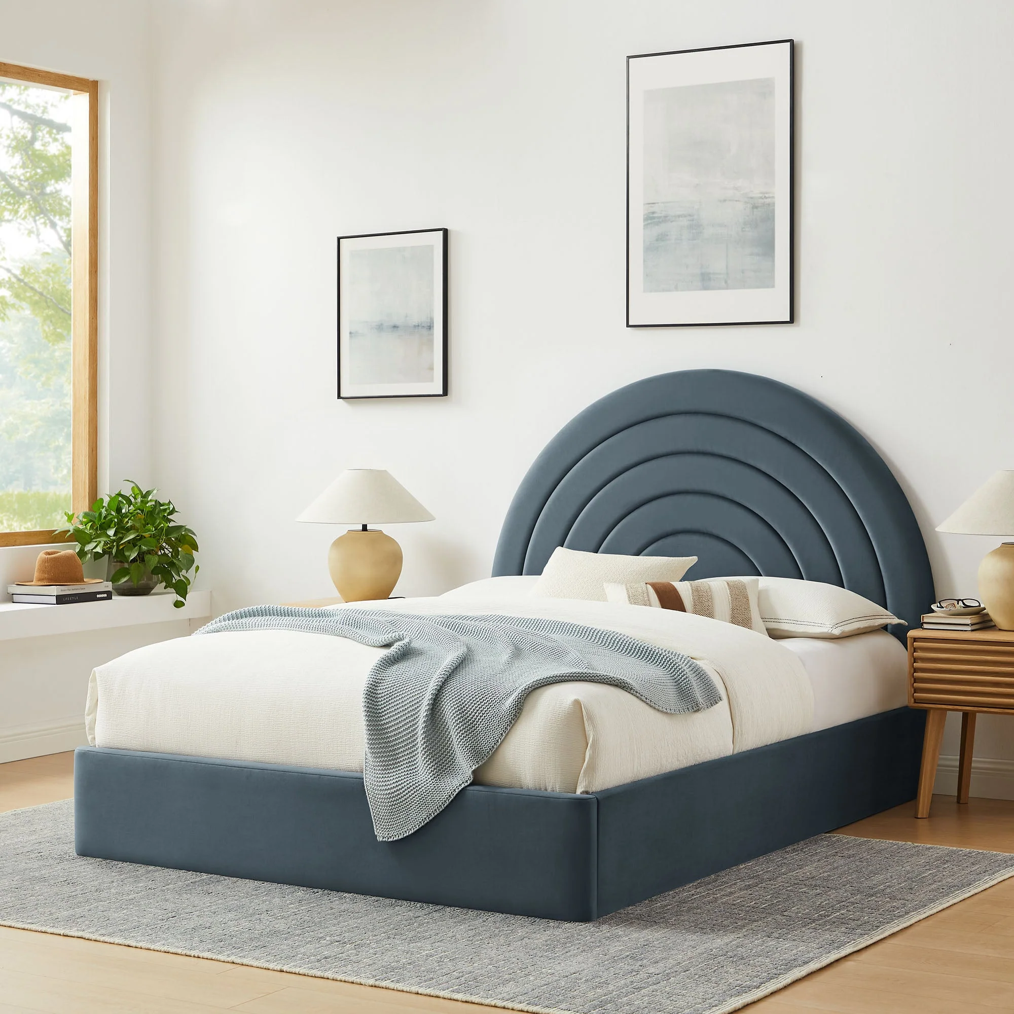 Upholstered Arched Platform Bed with Layered Headboard - Image 65