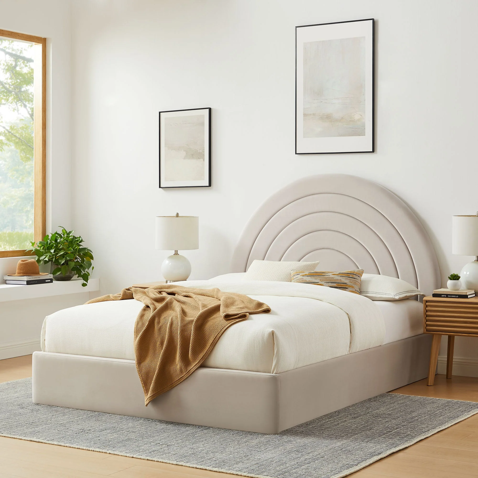 Upholstered Arched Platform Bed with Layered Headboard - Image 85