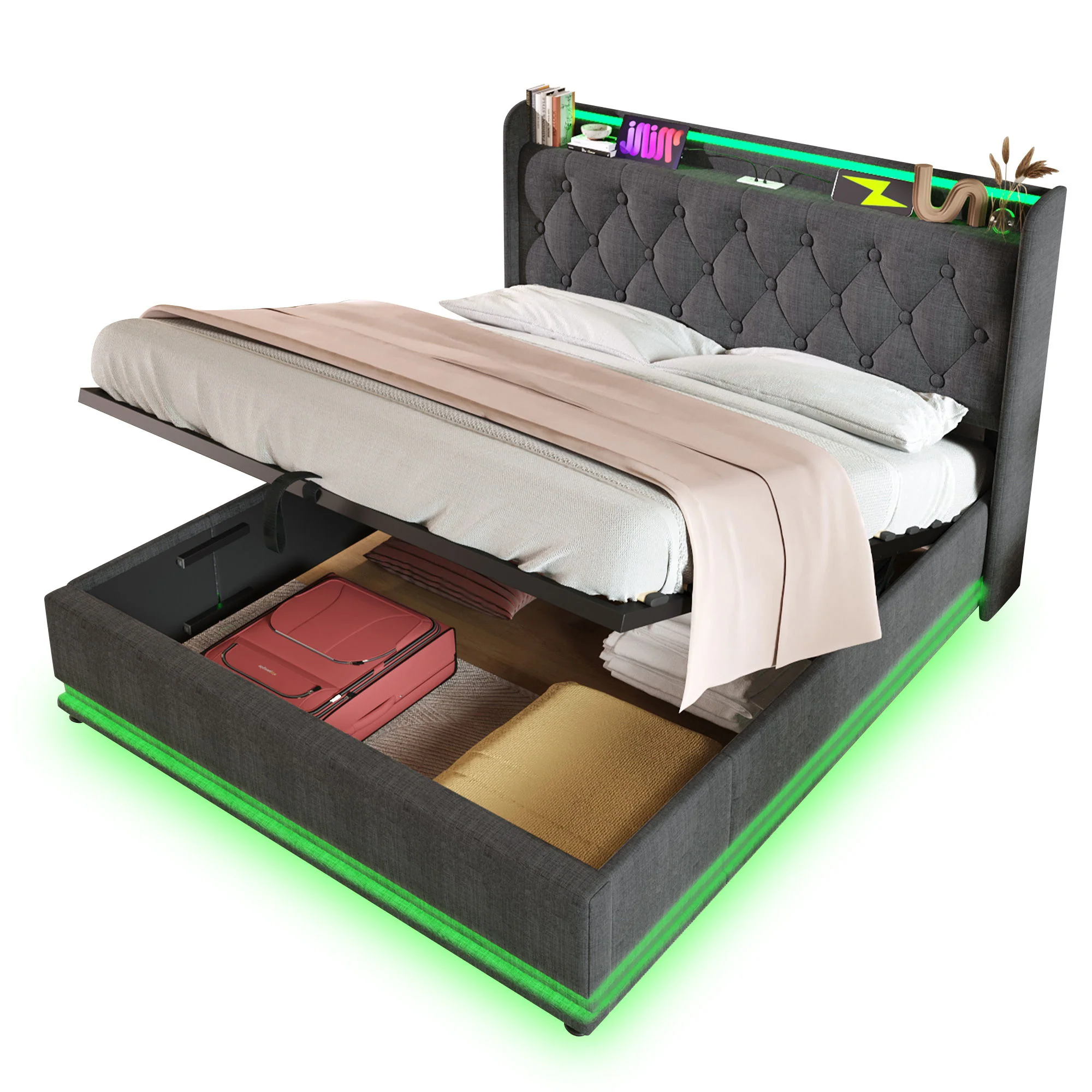 Upholstered Bed, 360 Surround LED Function, Remote Control, Hydraulic Storage Bed With USB, Type-C Charging (Without Mattress) - Image 6