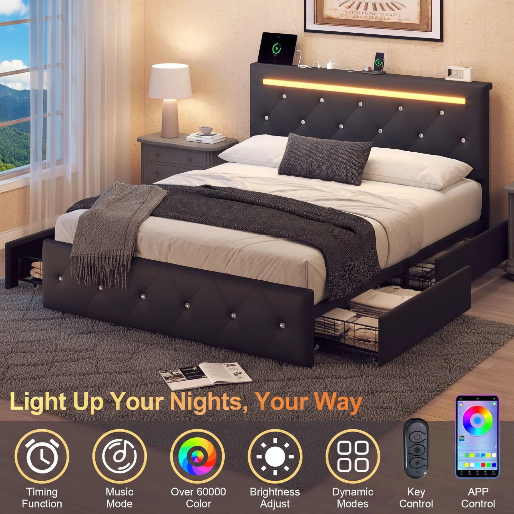 Upholstered Bed Frame With LED Lights, 4 Storage Drawers, Charging Station - Image 13