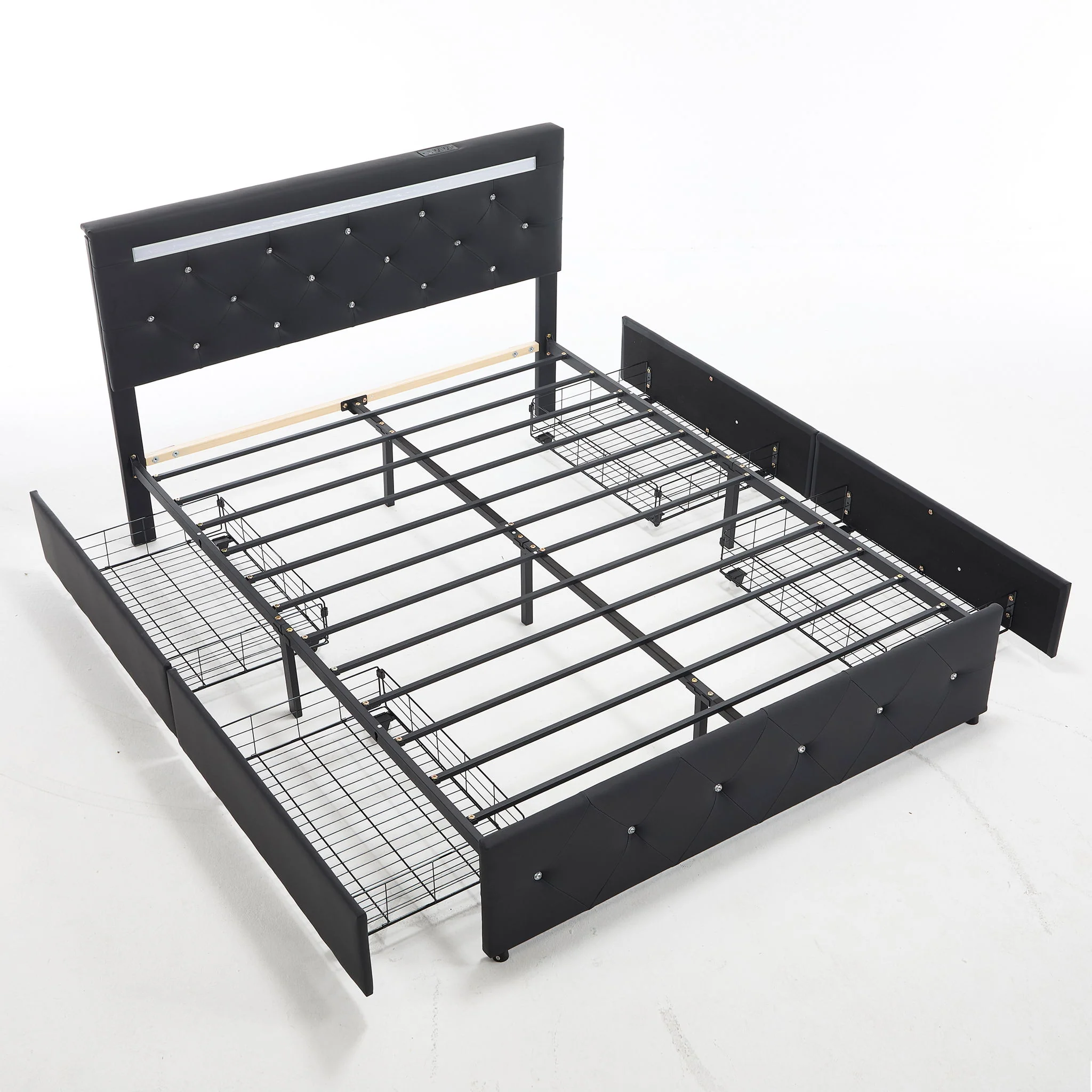 Upholstered Bed Frame With LED Lights, 4 Storage Drawers, Charging Station - Image 2