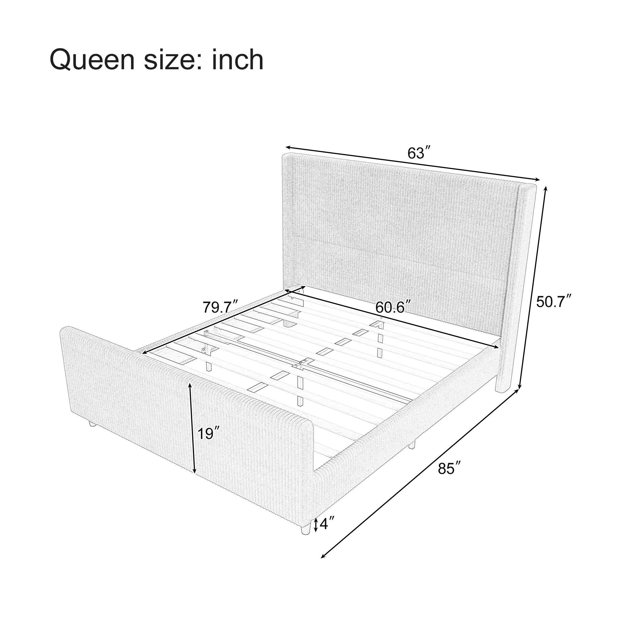 Upholstered Bed Frame With Vertical Stripe Wingback And High Footboard - Image 4