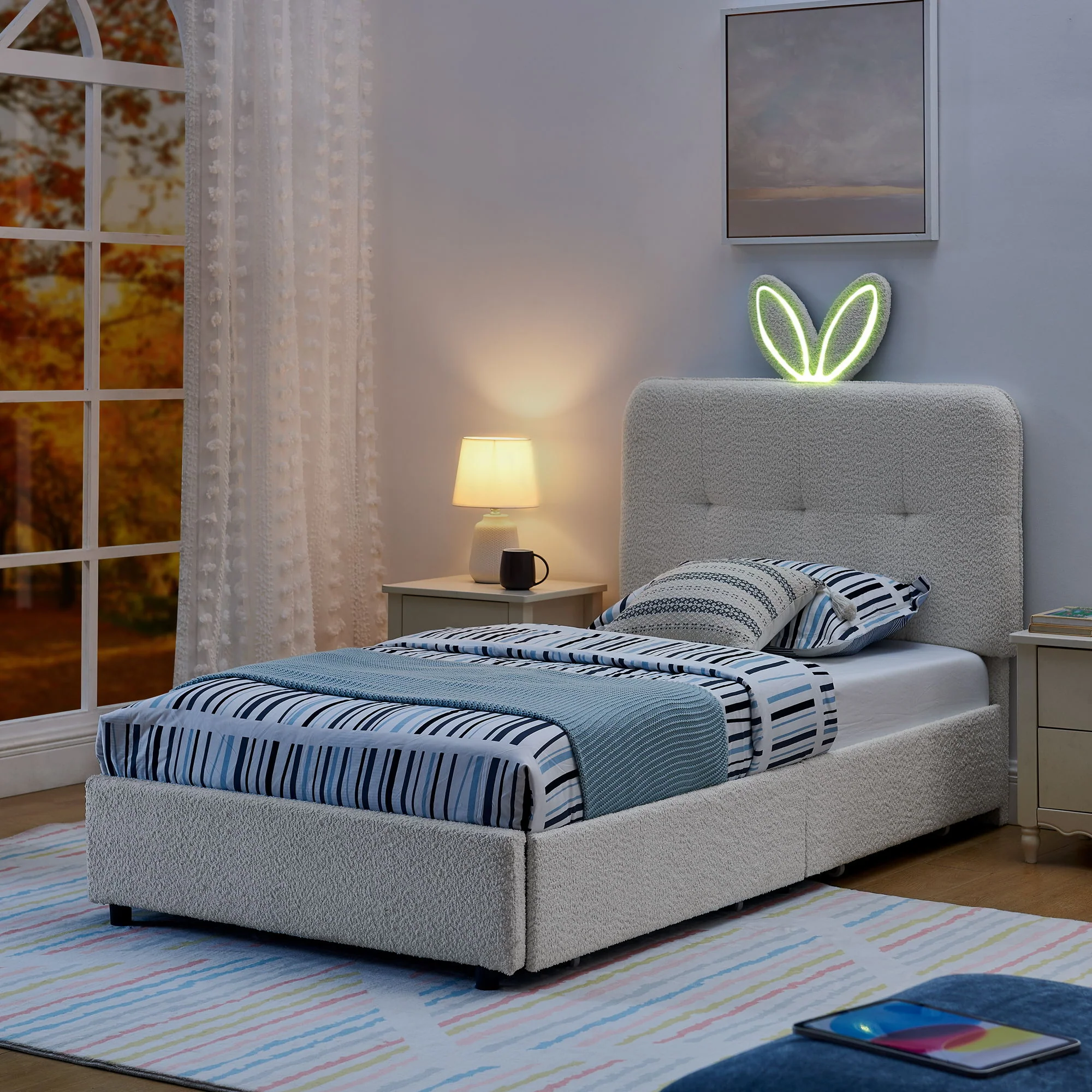 Upholstered Bed With Oversized Rabbit Ear Headboard, LED Lights & 4 Storage Drawers - Image 49