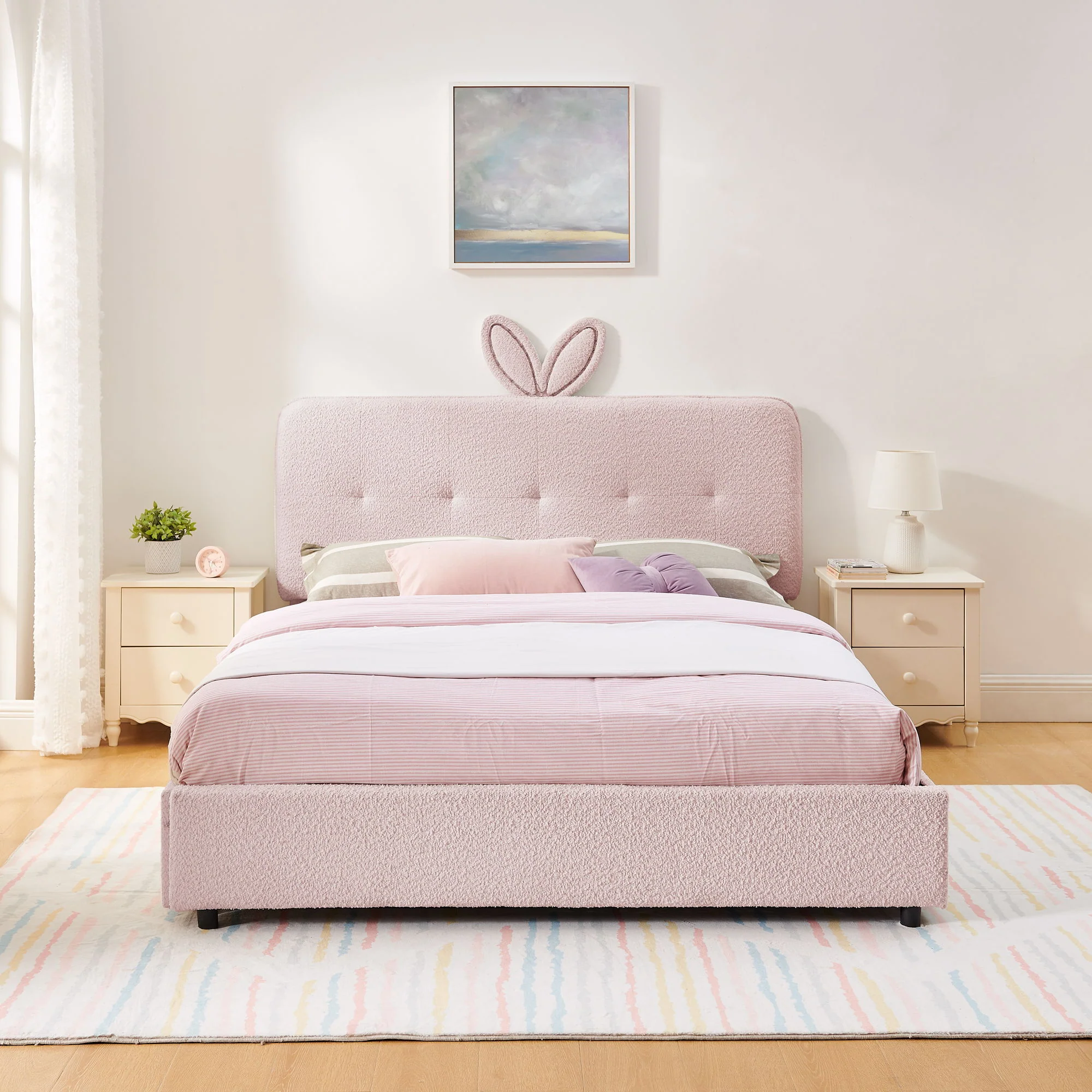 Upholstered Bed With Oversized Rabbit Ear Headboard, LED Lights & 4 Storage Drawers - Image 70