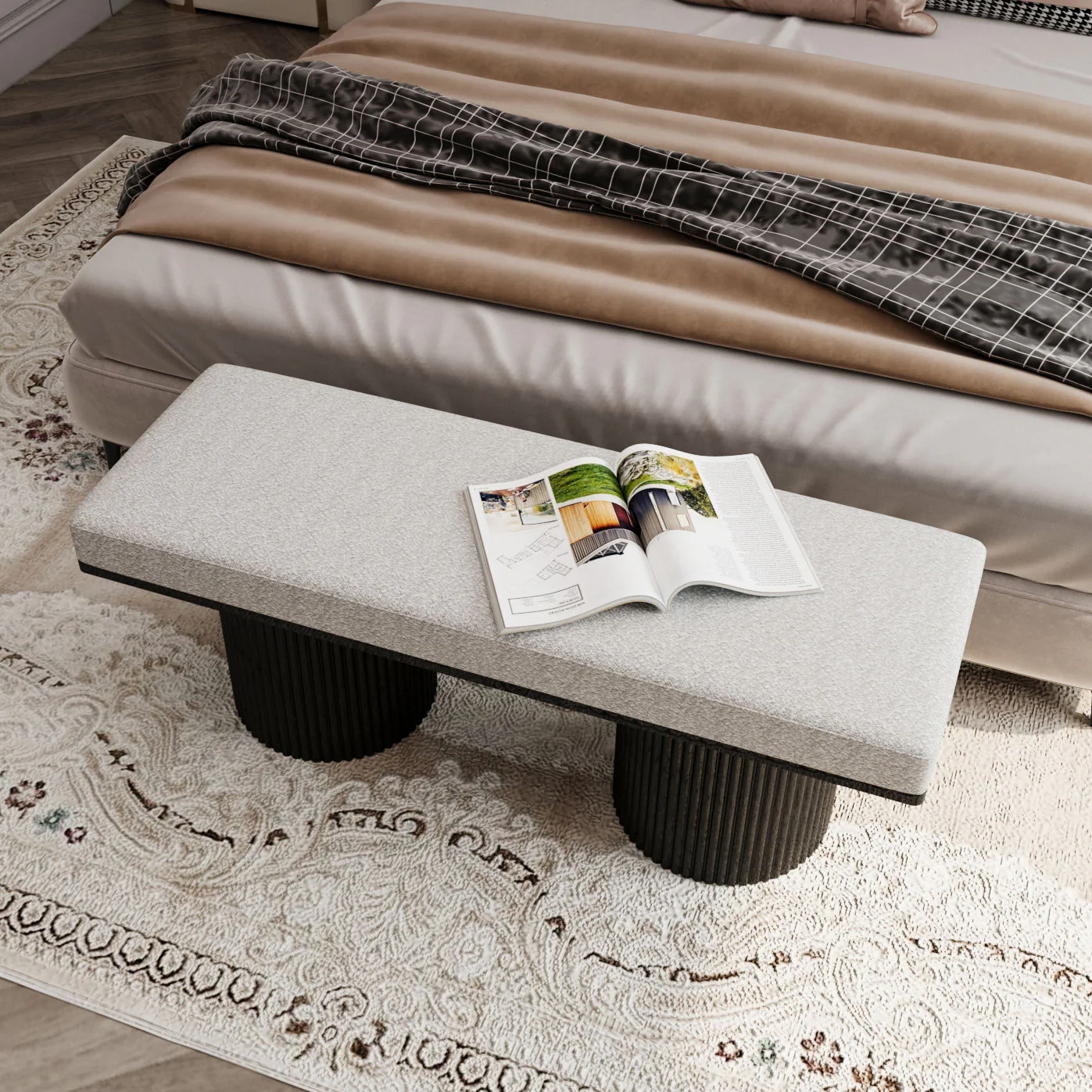 Upholstered Bench With Black Chunky Legs Boucle Contemporary Style Bed-End Bench For Bedroom Living Room - Light Gray - Image 7
