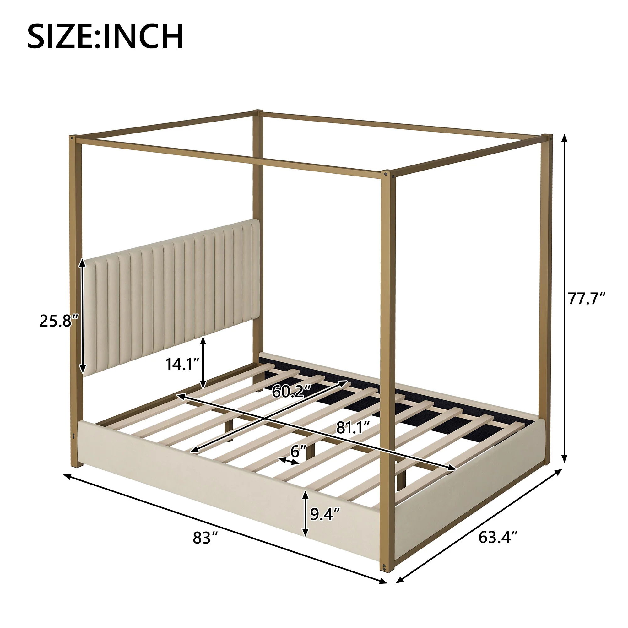 Upholstered Canopy Platform Bed With Frame, Queen Size - Beige - Image 2