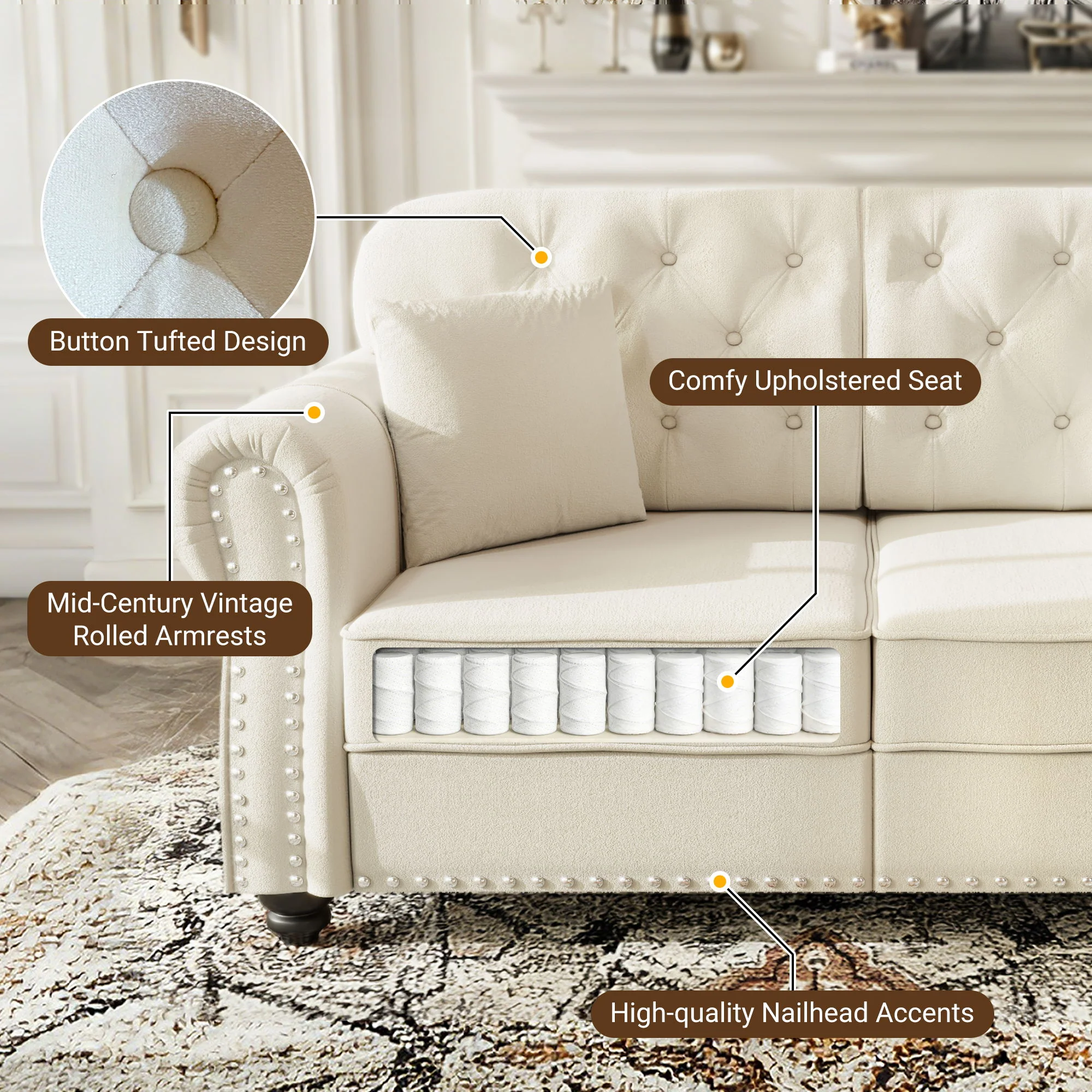 Upholstered Chesterfield Sofa With Nailhead Trim And Rolled Armrests - Image 14