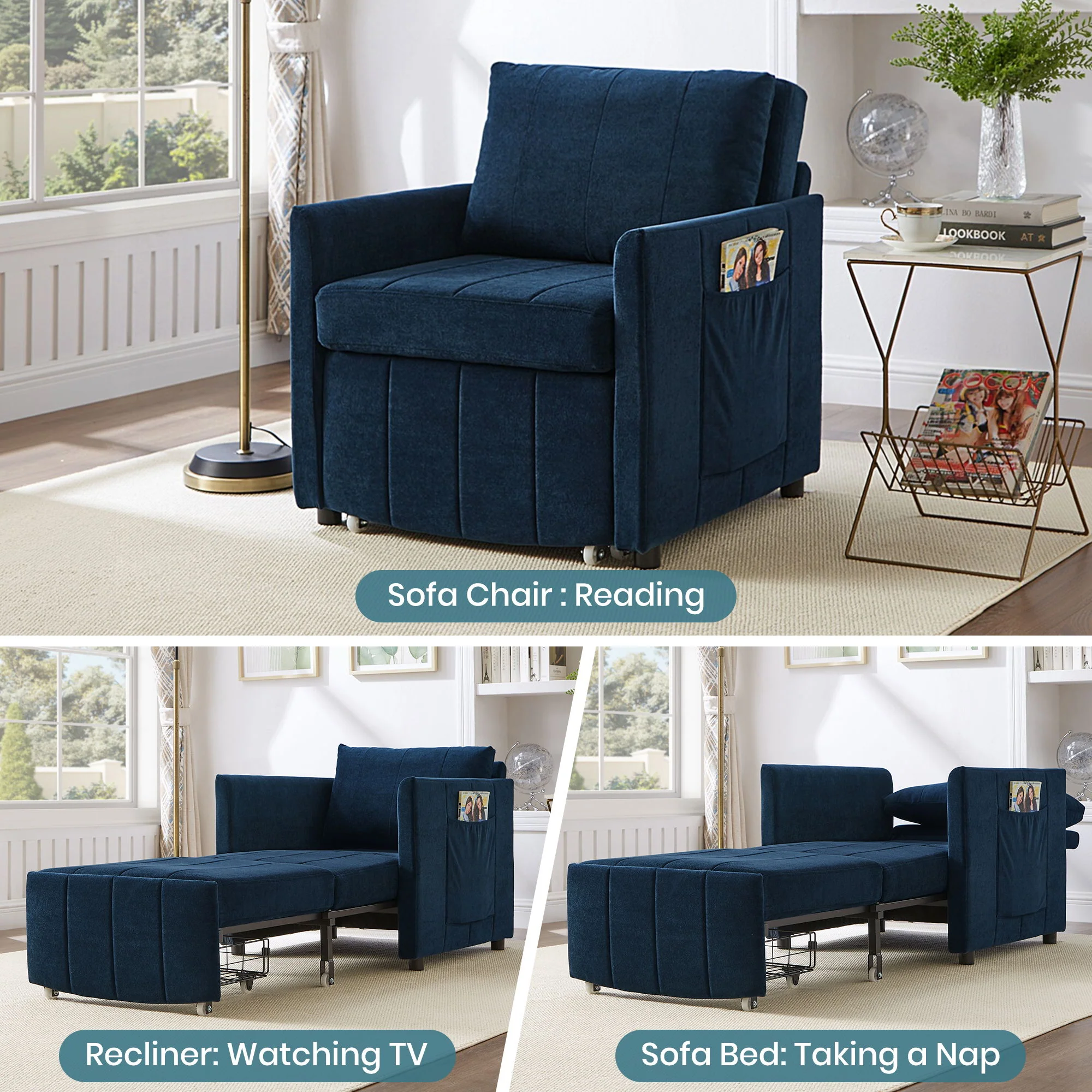 Upholstered Convertible Sleeper Sofa With 5 Position Backrest, Side Pockets, Storage - Image 13