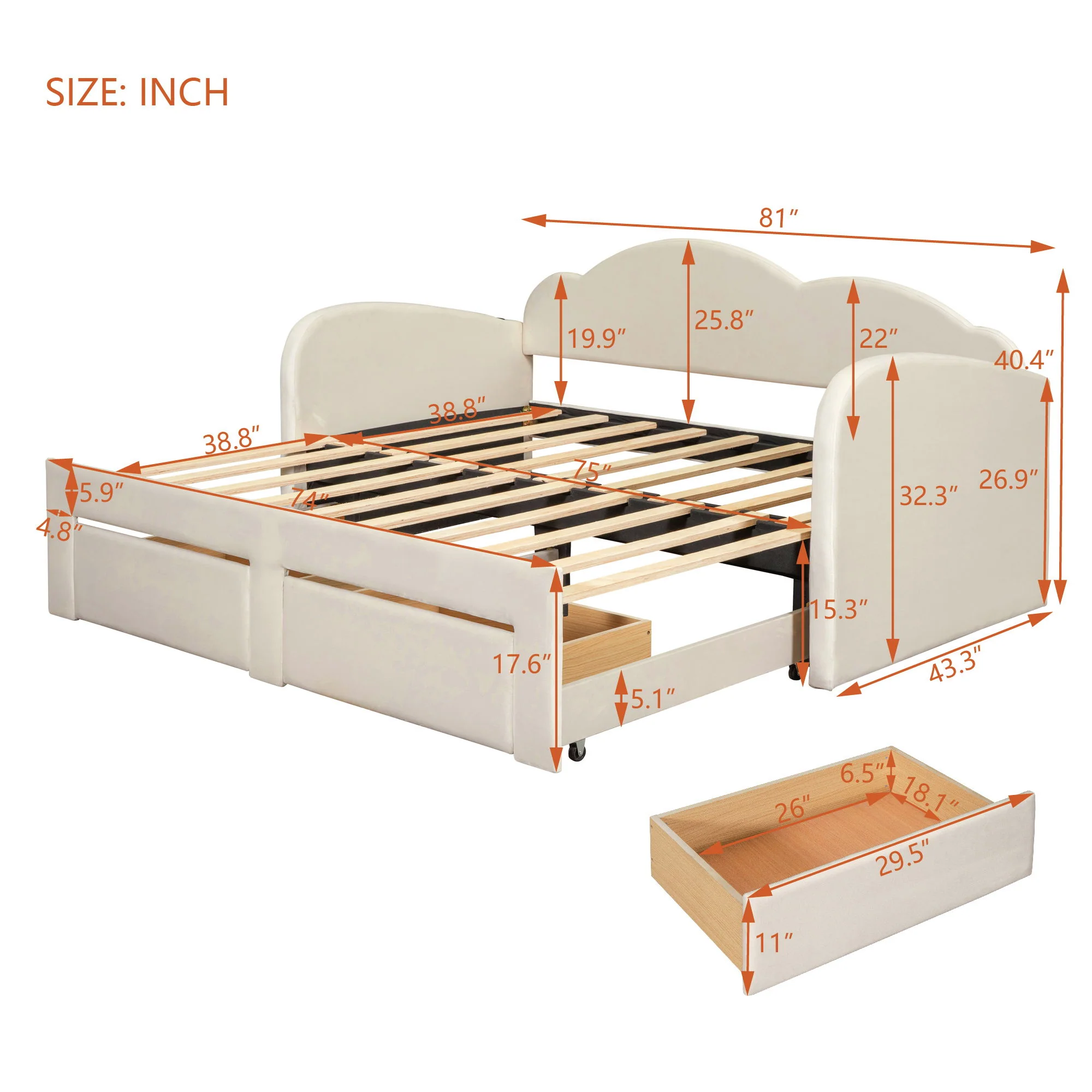 Upholstered Daybed With Cloud-Shaped Backrest, Trundle & 2 Drawers And USB Ports - Image 24