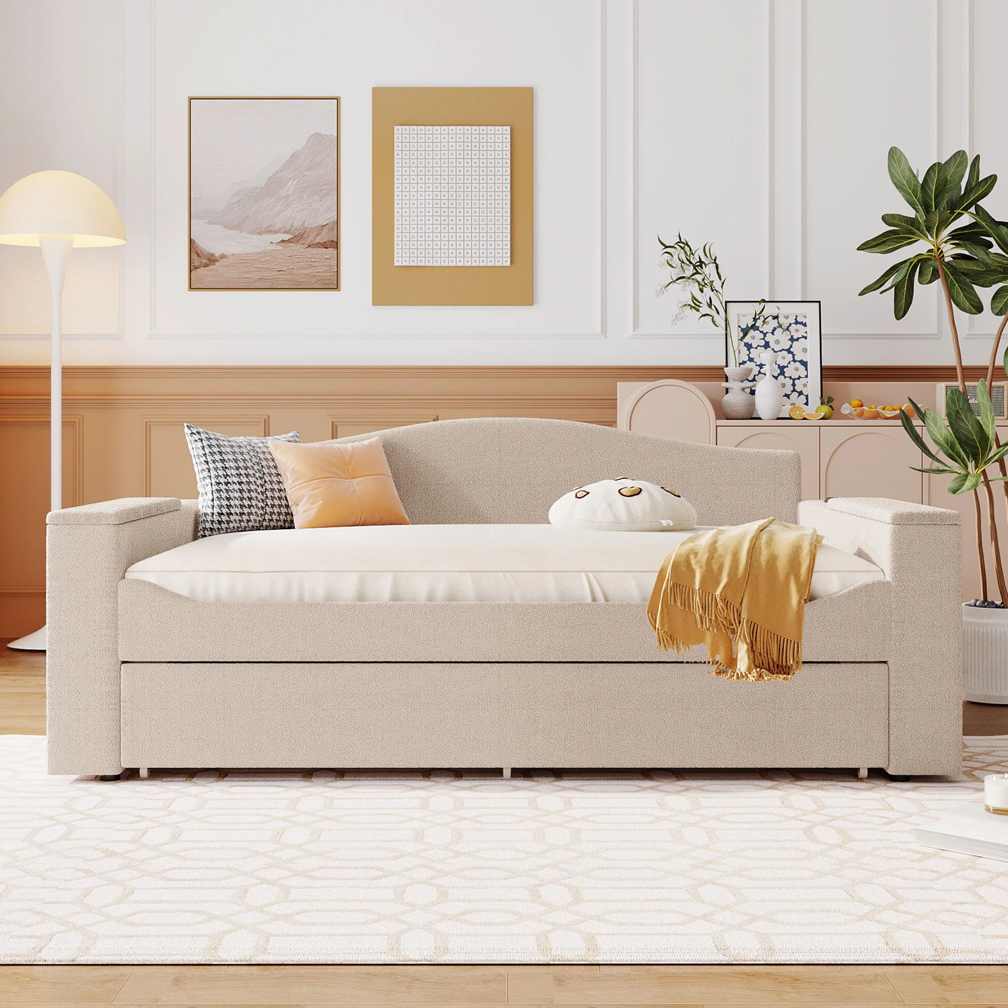 Upholstered Daybed With Storage Armrests, Trundle And Latest Integrated tooth Audio System - Image 12
