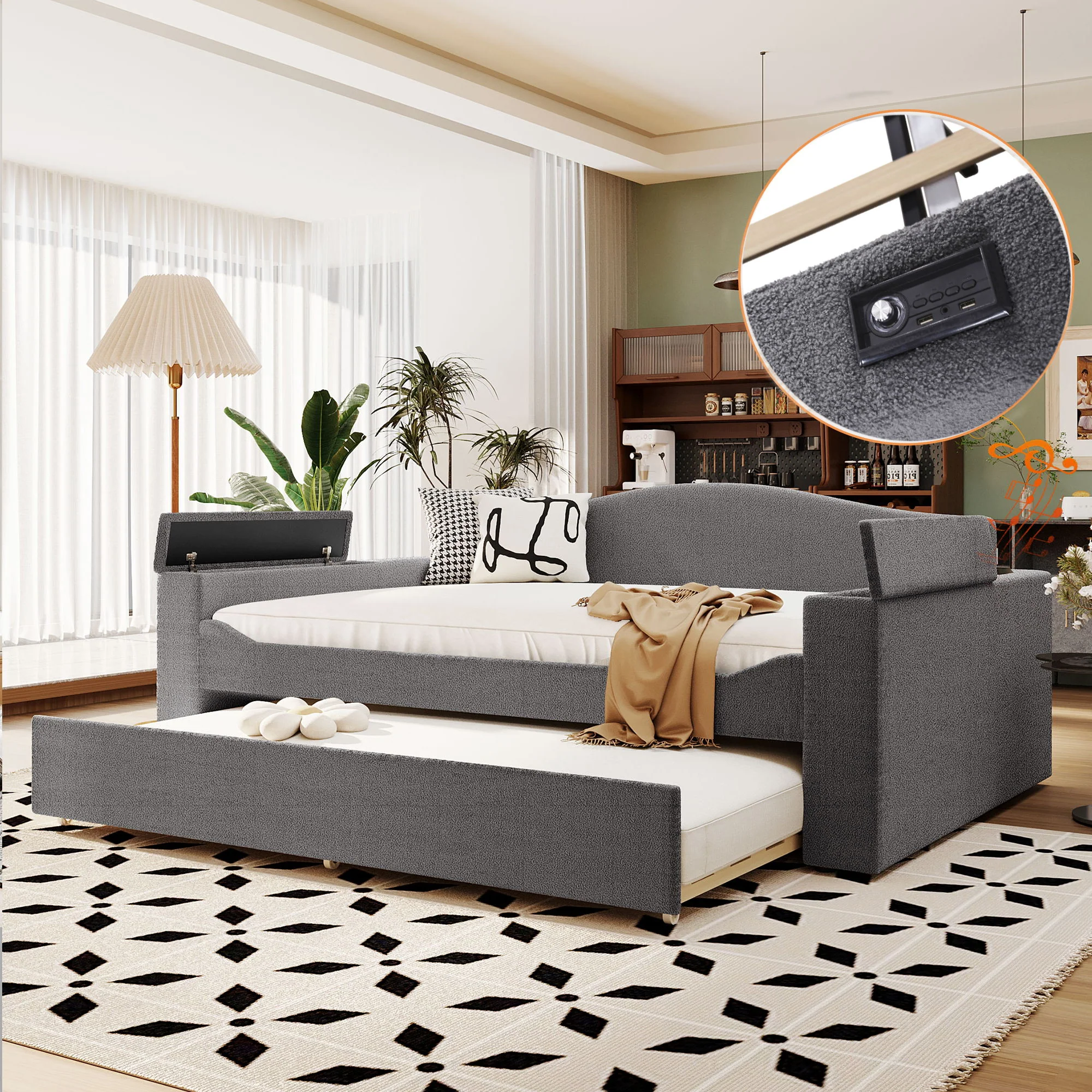 Upholstered Daybed With Storage Armrests, Trundle And Latest Integrated tooth Audio System - Image 24