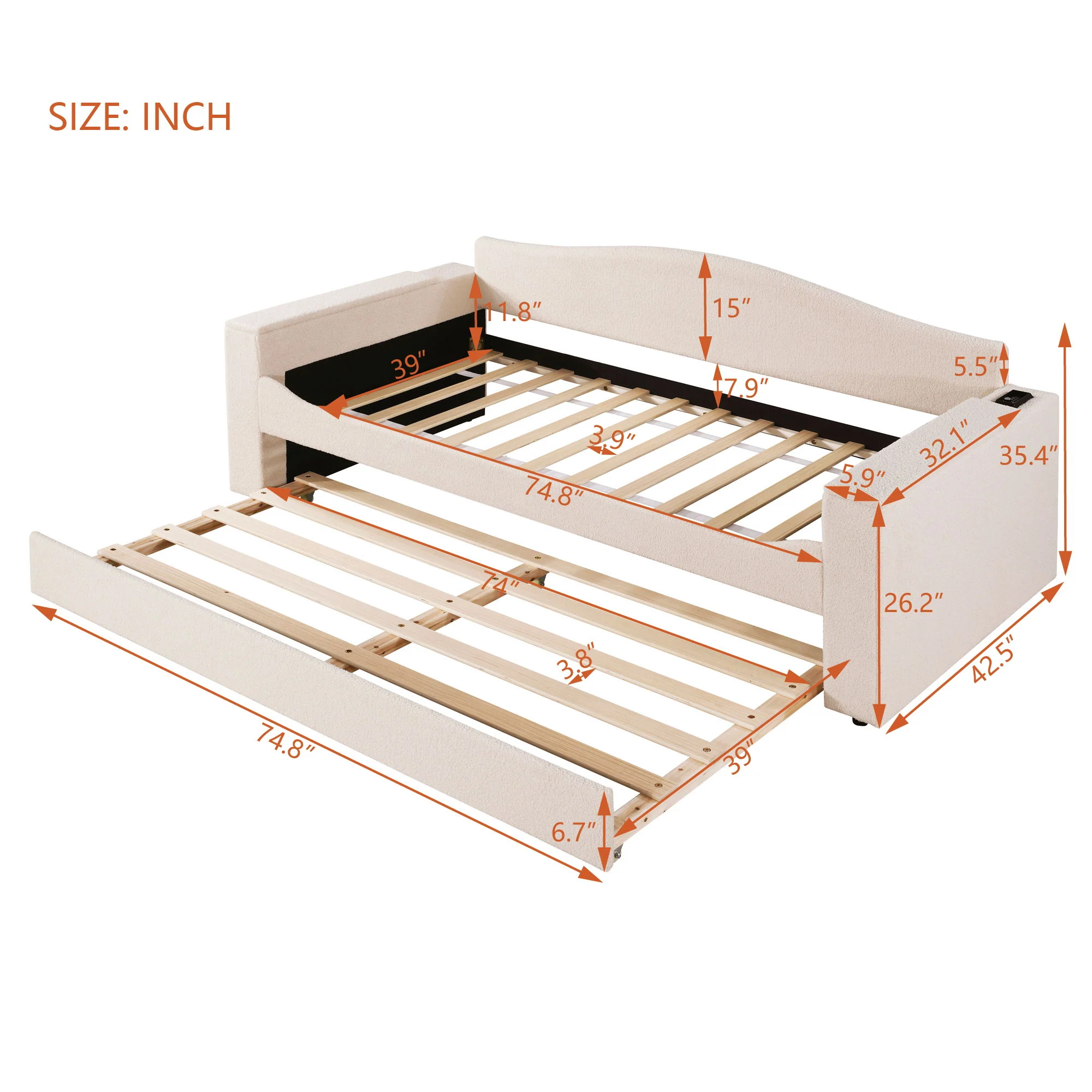 Upholstered Daybed With Storage Armrests, Trundle And Latest Integrated tooth Audio System - Image 53