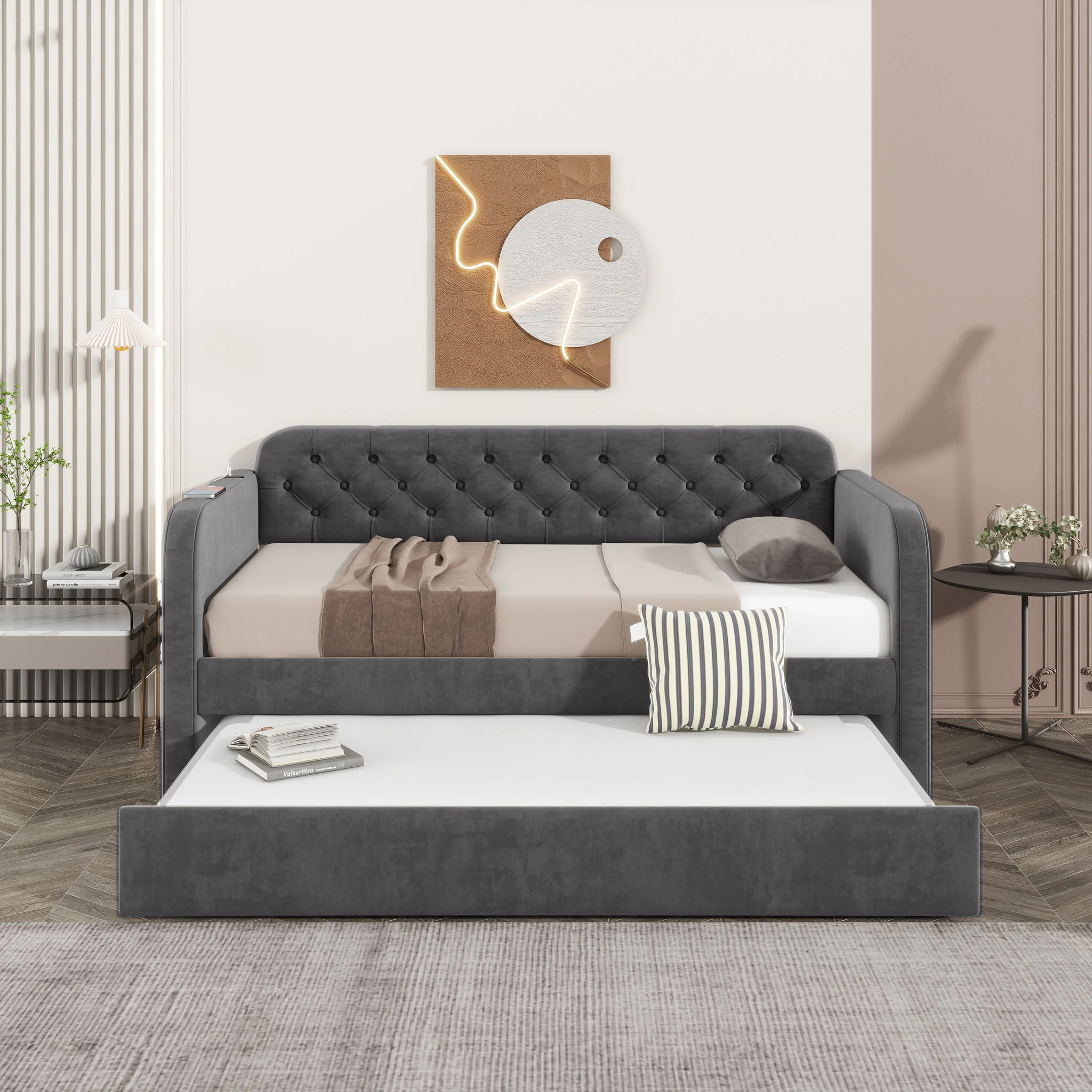 Upholstered Daybed With Trundle And USB Charging Design - Image 5