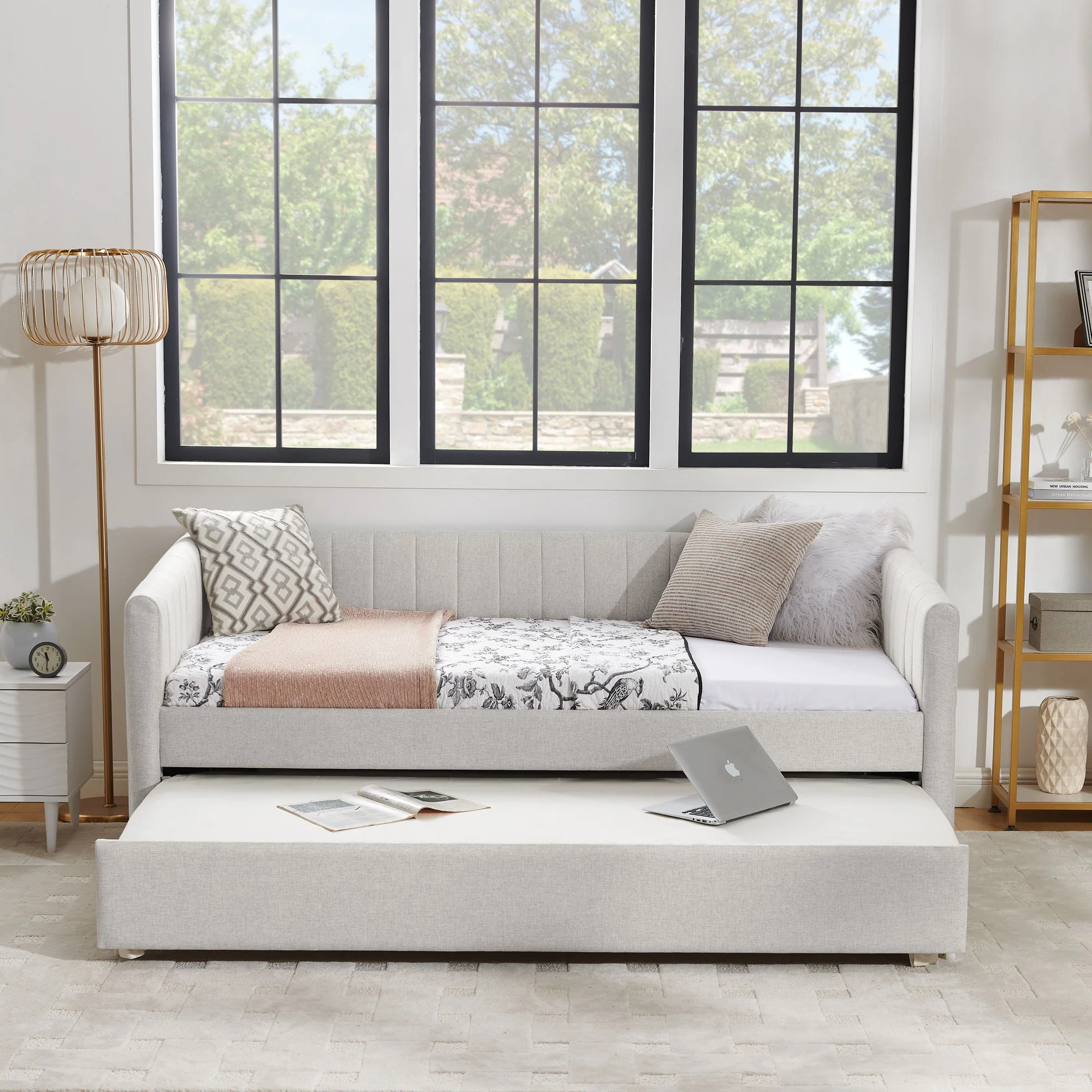 Upholstered Daybed With Trundle With Vertical Stripes - Image 16
