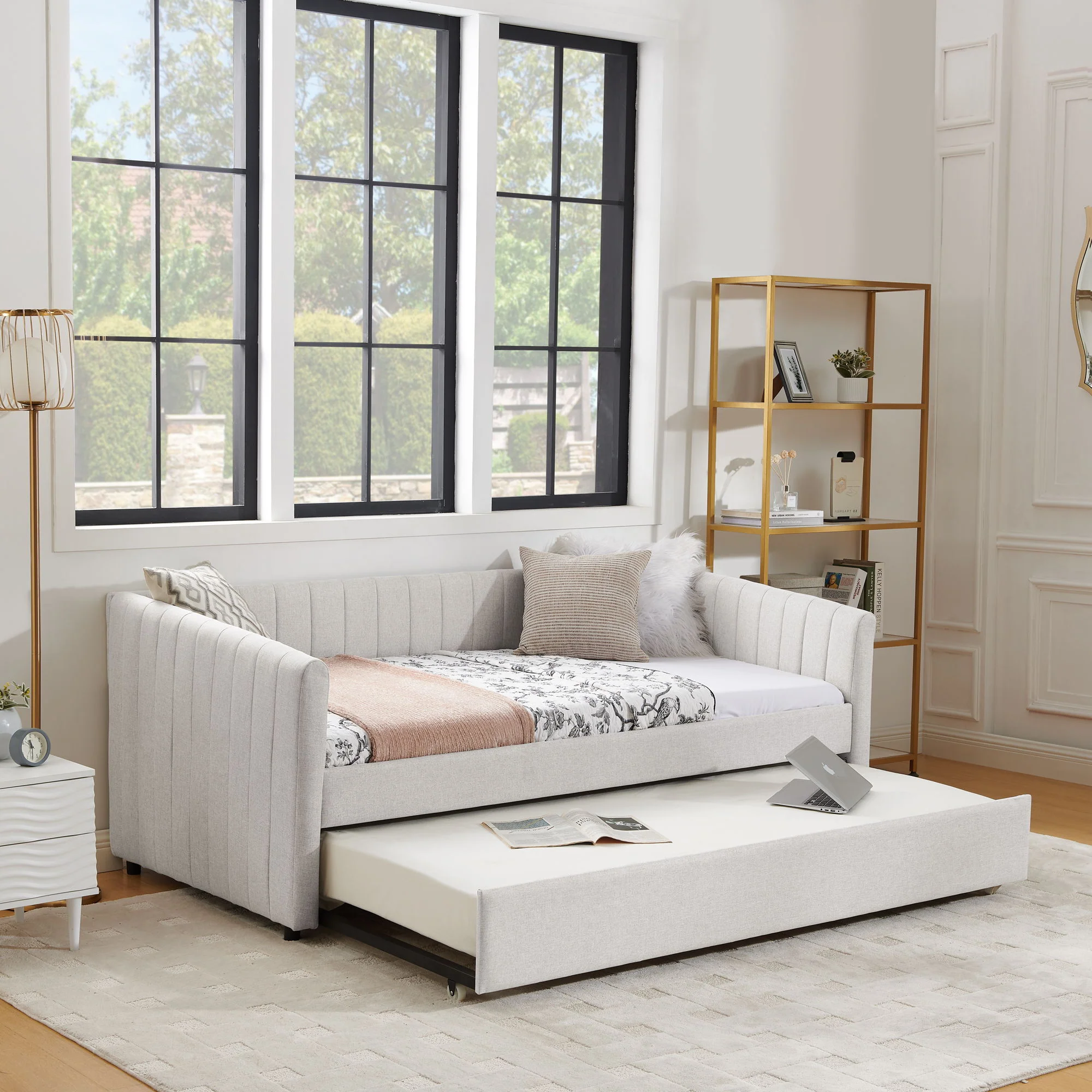 Upholstered Daybed With Trundle With Vertical Stripes - Image 25