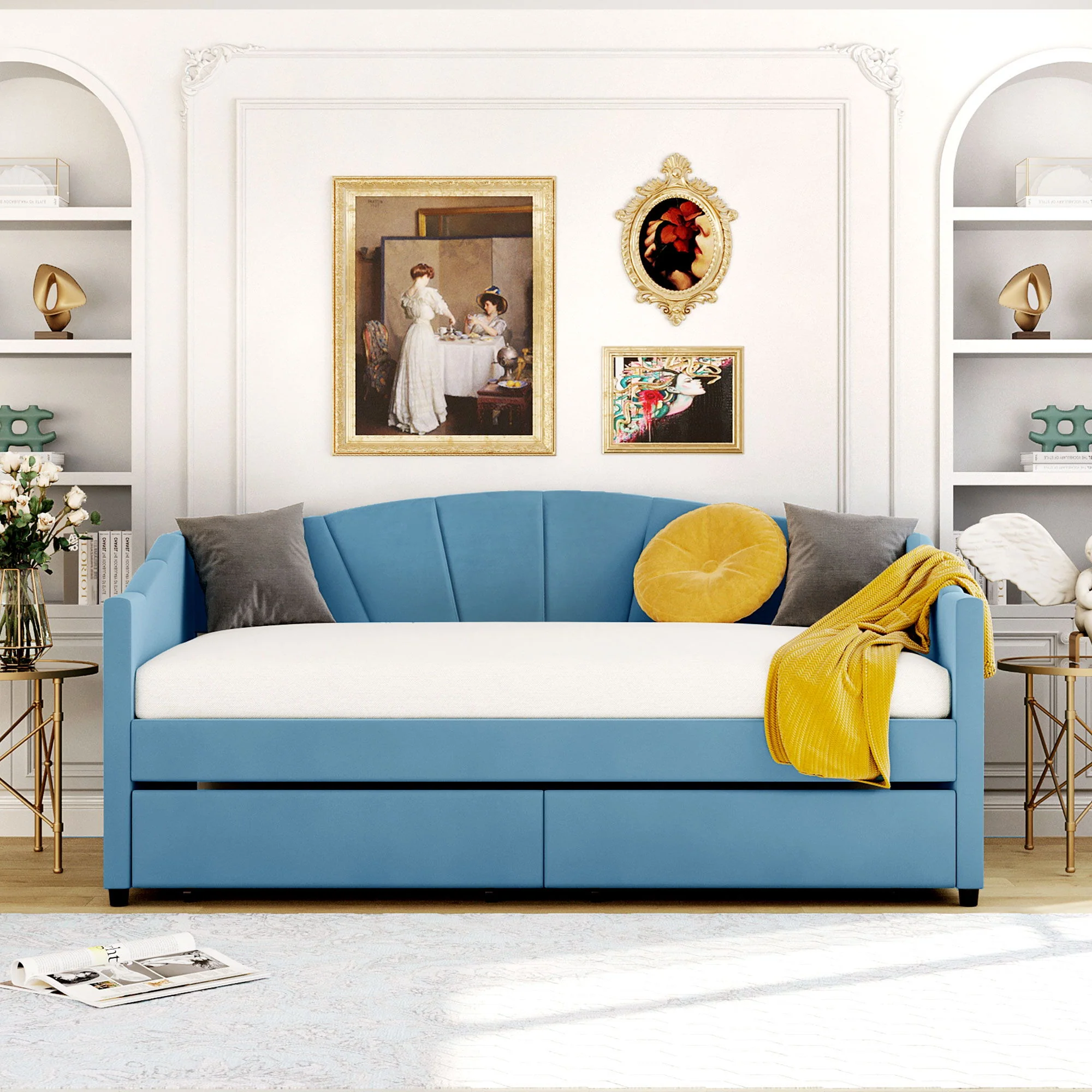 Upholstered Daybed With Two Drawers And Wood Slat - Image 4