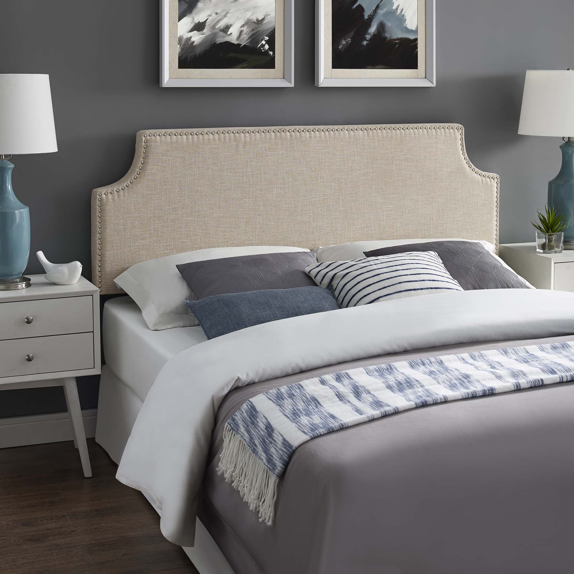 Upholstered Fabric Headboard with Nail Button Trim - Image 11