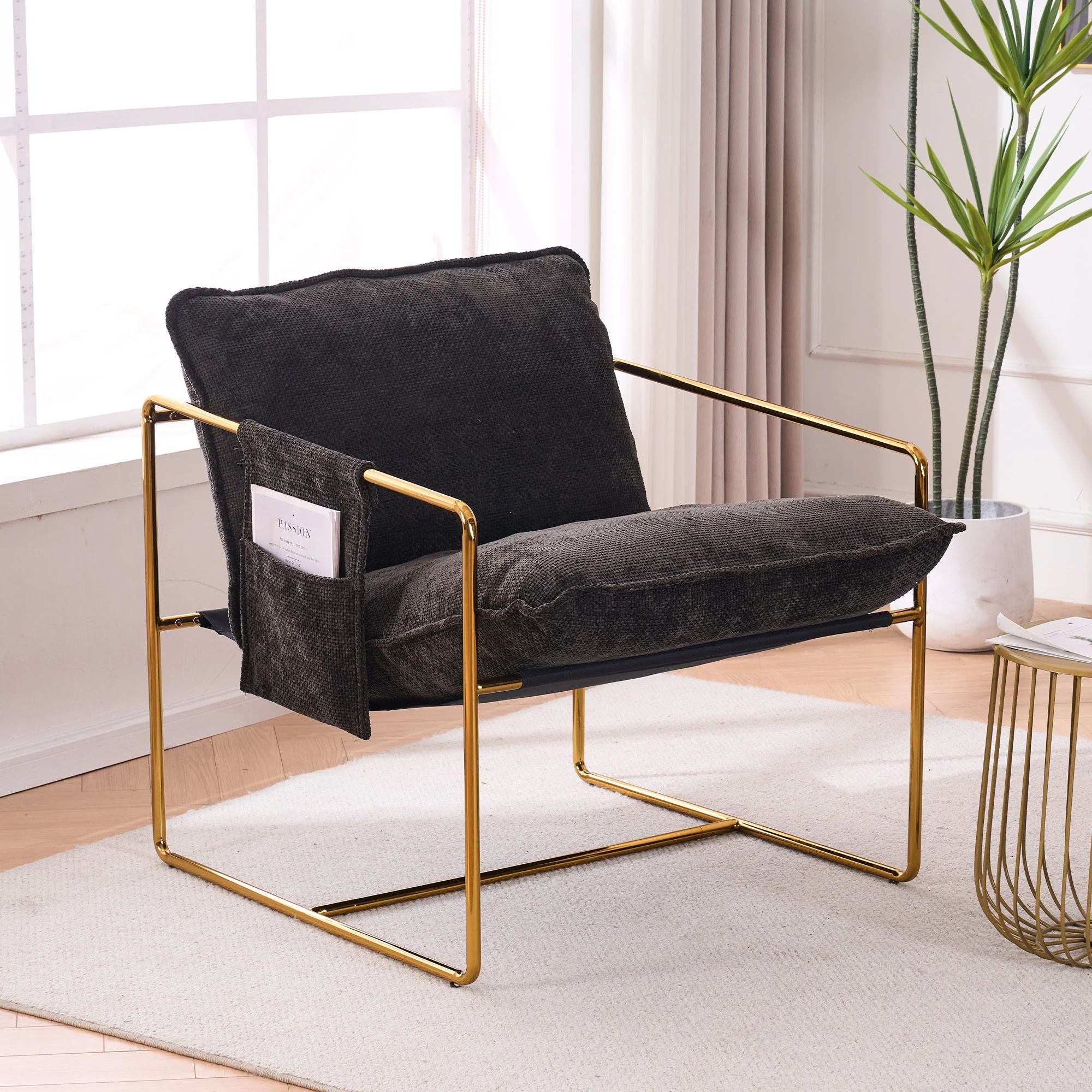 Upholstered Hanging Armchair With Arm Pocketsmetal Frame (Set of 2), Plated Craftsmanship, Crushed Foam Cushions And Skin-Friendly Woven Fabric For Living Room And Bedroom - Image 4