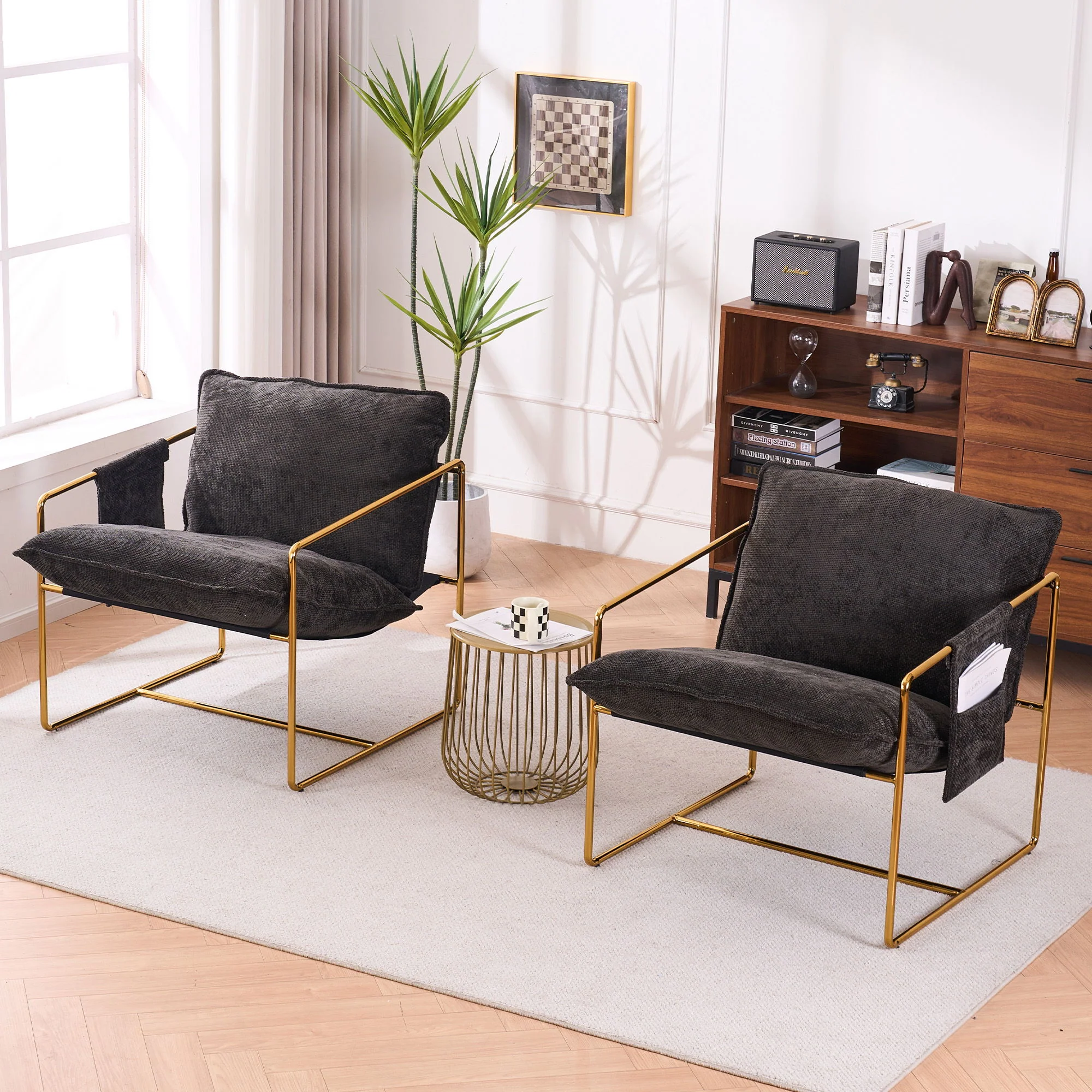 Upholstered Hanging Armchair With Arm Pocketsmetal Frame (Set of 2), Plated Craftsmanship, Crushed Foam Cushions And Skin-Friendly Woven Fabric For Living Room And Bedroom - Image 9