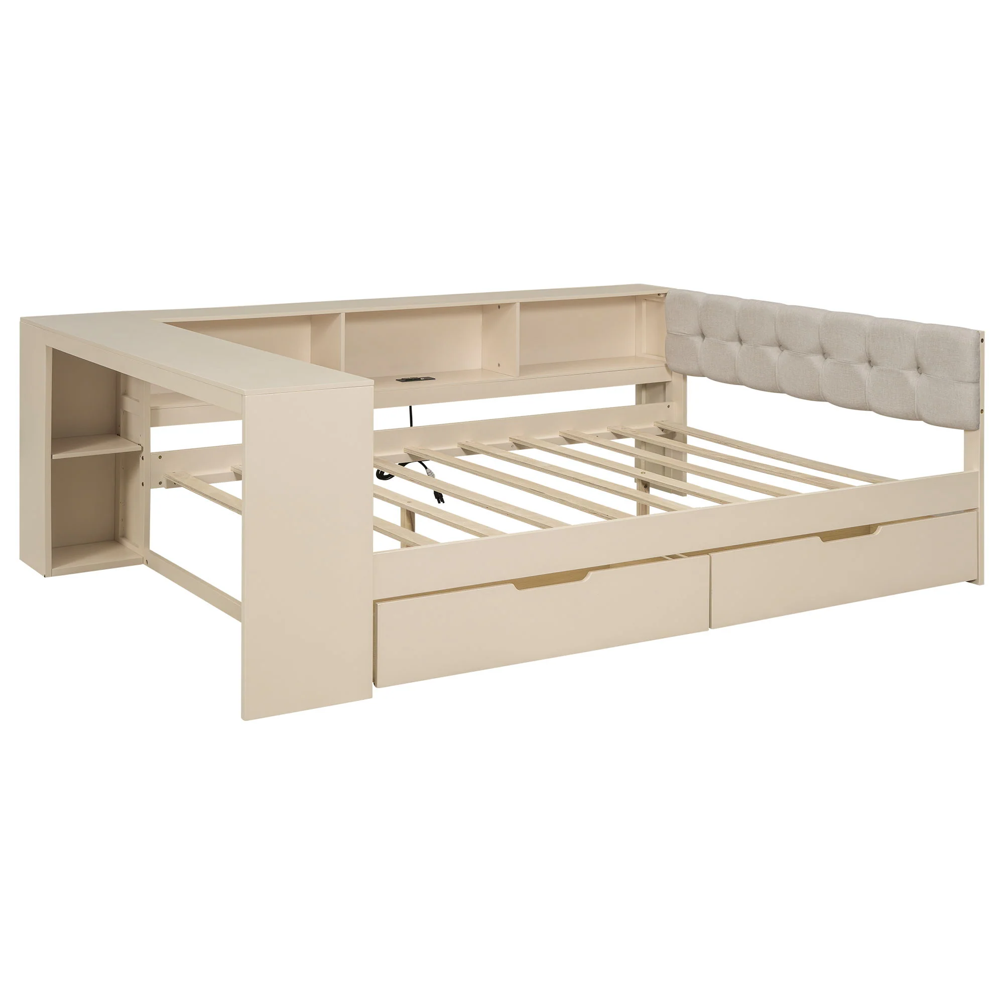 Upholstered Headboard Platform Bed With Storage Shelves, Drawers, Charging Station - Image 15