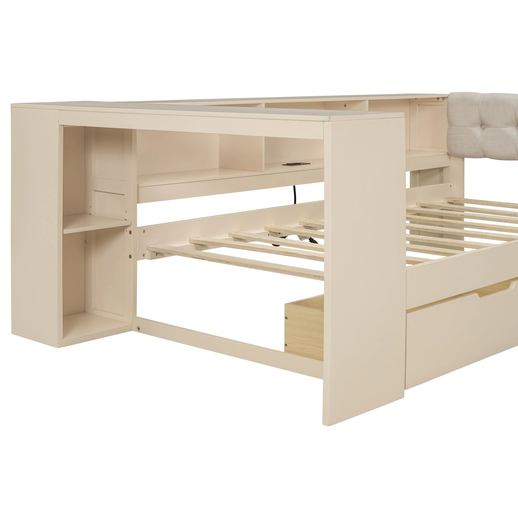 Upholstered Headboard Platform Bed With Storage Shelves, Drawers, Charging Station - Image 17