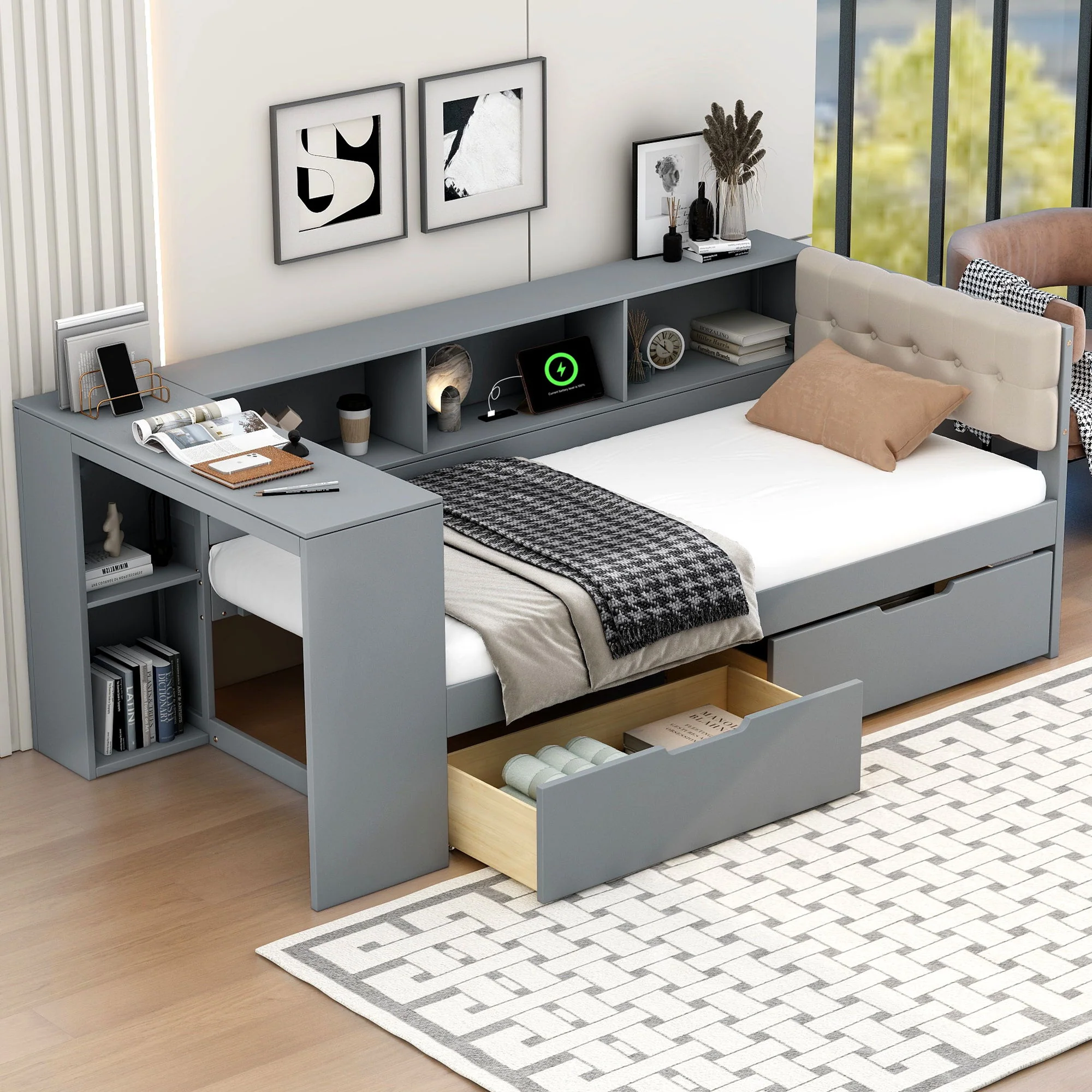 Upholstered Headboard Platform Bed With Storage Shelves, Drawers, Charging Station - Image 23