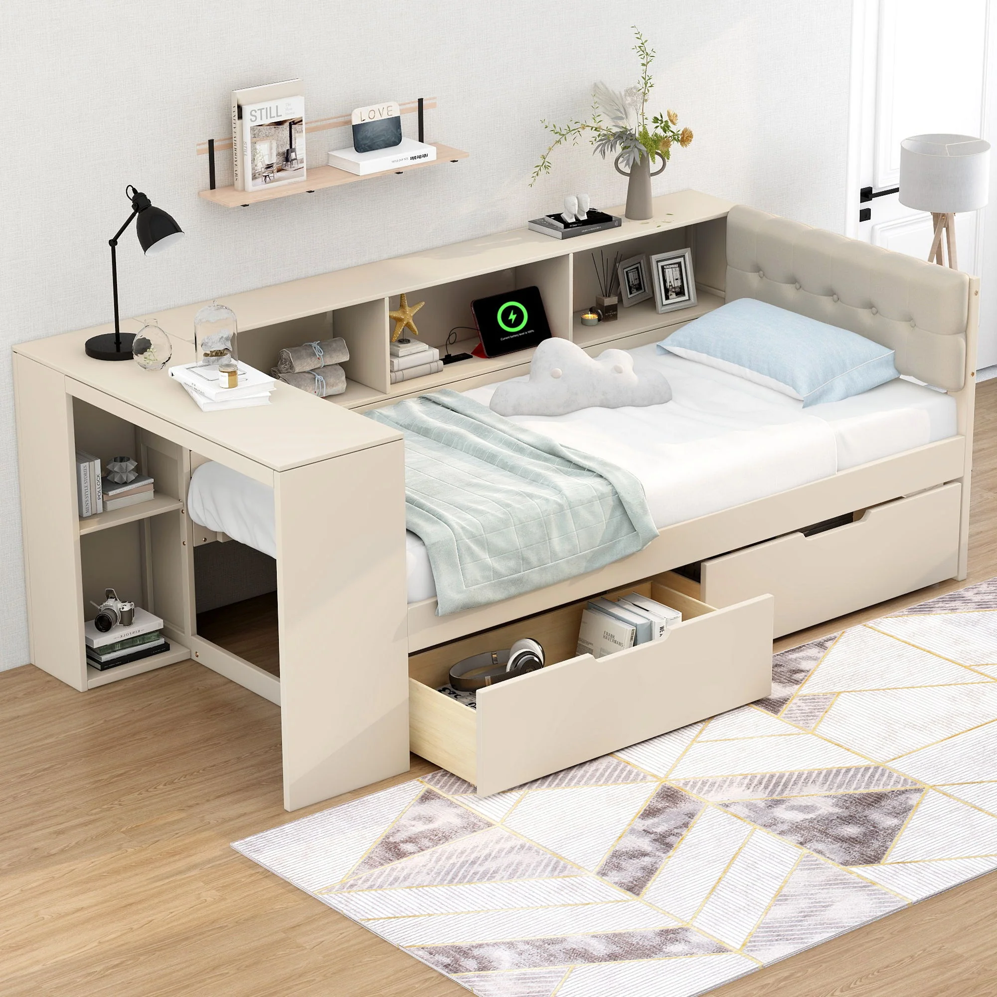 Upholstered Headboard Platform Bed With Storage Shelves, Drawers, Charging Station - Image 8