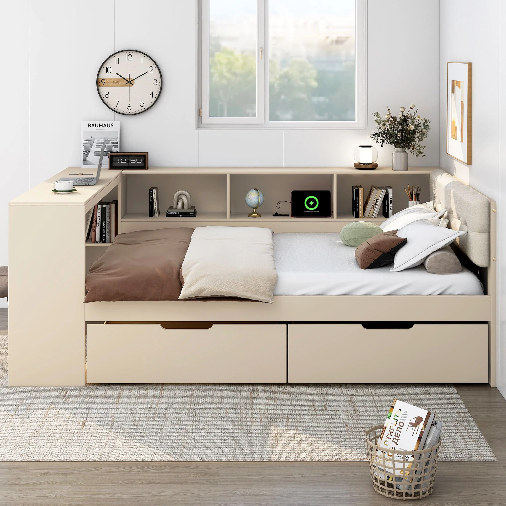 Upholstered Headboard Platform Bed With Storage Shelves, Drawers, Charging Station - Image 9