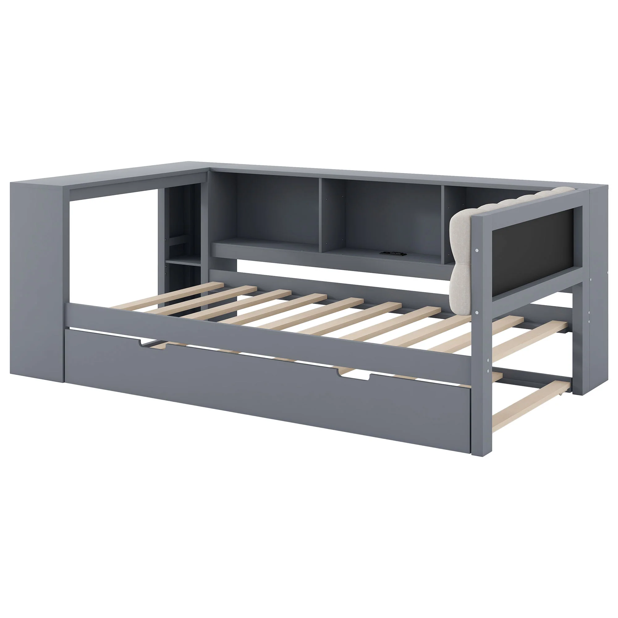 Upholstered Headboard Platform Bed With Storage Shelves, Trundle, Charging Station - Image 21